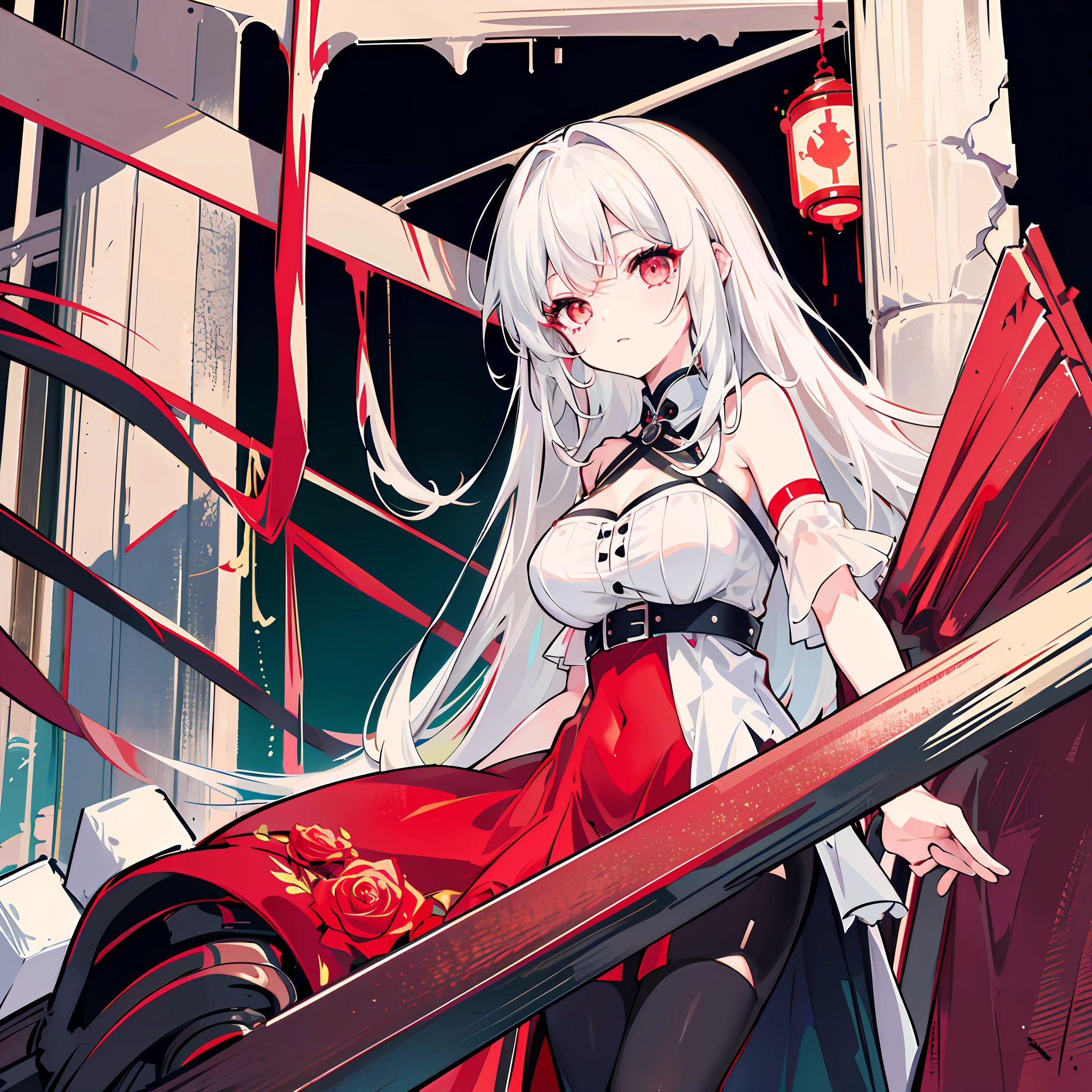 One Girl, Solo, ((Large: 1.4)), ((Hi-Res)), ((Masterpiece)), ((Best Quality)), (Very Detailed)), large_filesize, Full Color, Detailed Background, Long White Hair, Red Eyes, (Eyeliner), Night, Crumbled Wall, Dimm, Cyber Gothic, Red, See-through Dress, Ruins, Roses,