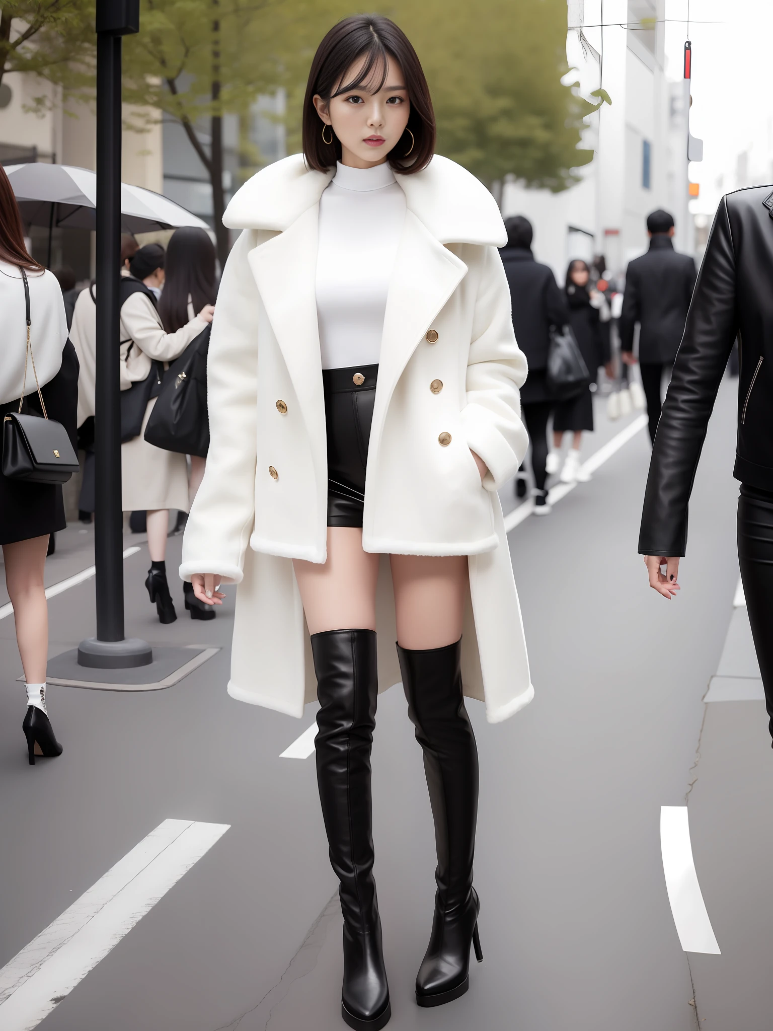 A woman in a white top and black boots standing on the street, Korean female fashion model, white fluffy outfit, short skirt and long jacket, Japanese city street fashion, black pink Rosan Park, she wears streetwear, Japanese street fashion, Tokyo fashion, woman in streetwear, jacket and skirt, street fashion, Harajuku street fashion, beautiful woman walking in the wind, black gloves, over-the-knee red boots, tall, long legs, perfect body proportions, thin waist, black suspender stockings, tall, Slender body, nine-headed body, big eyes, beautiful and exquisite face, perfect body details, perfect body proportions, perfect visual proportions, fashion shooting, glamorous, feminine, delicate, highlighting female curves, subtext: sexy, confident. Korean girl