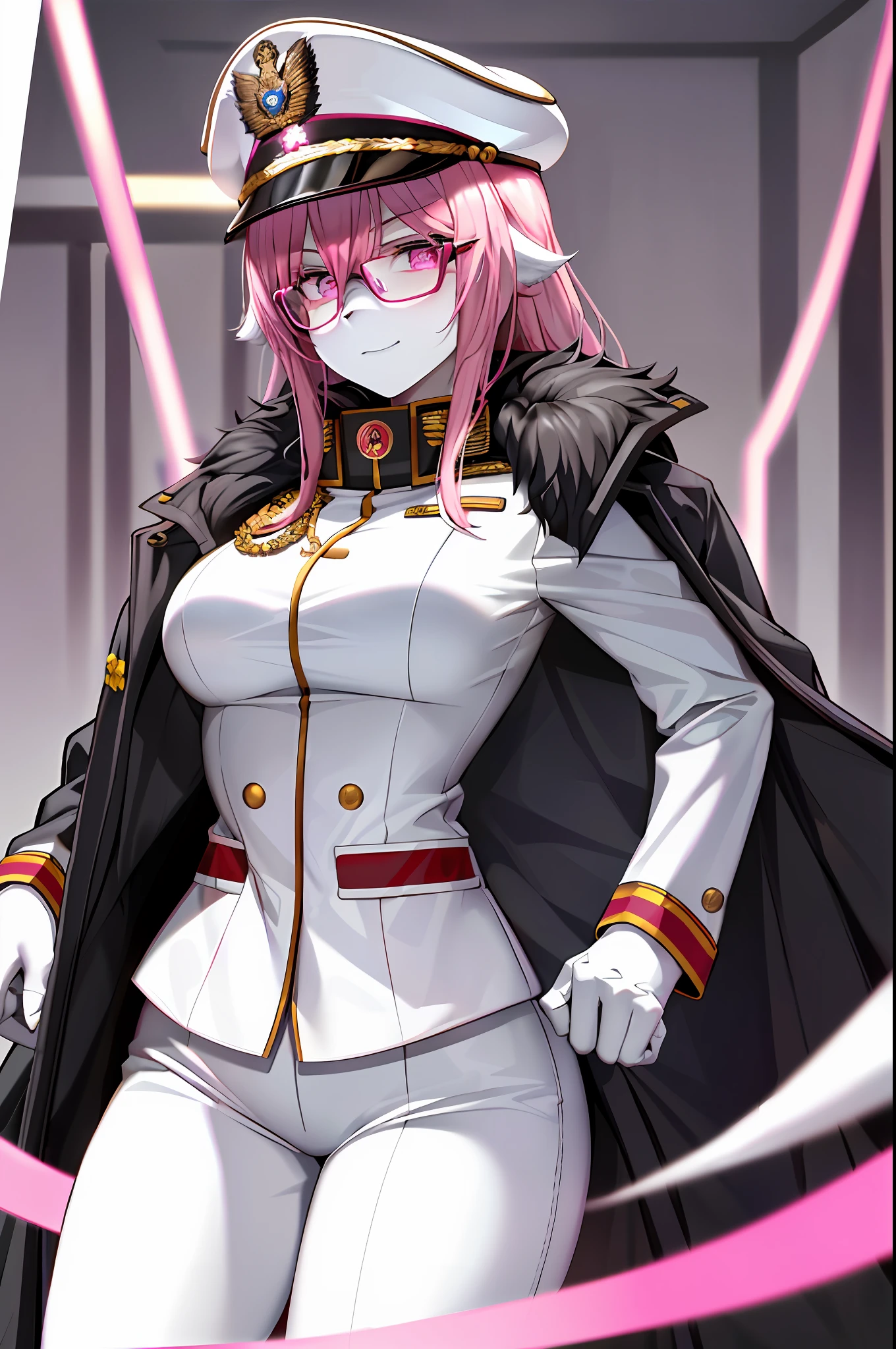(masterpiece, best quality)), (Anthro Furry:1.3, muzzle:1.2, Anthro:1.3, Furry:1.2, closeup:1.2, female solo:1.2, (wearing Russian military coat) military pants, wearing glasses, Fox spiraled in the colors of Funtime Foxy,Five Nights at Freddy,white skin pink details, pink eyes, sexy position, deserted ambient place, Russian general military hat.