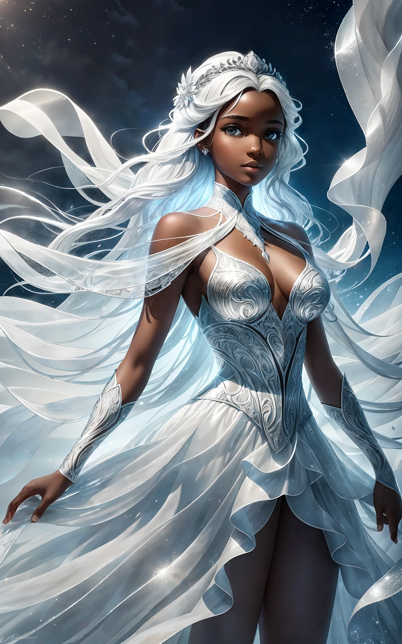 award winning 64k concept art of (black 1girl:1.2) in white majestic open dress standing proudly on the ice, posing, epic, god rays, centered, upper body, (masterpiece:1.2), (best quality:1.2), Amazing, highly detailed, beautiful, finely detailed, warm soft color grading, Depth of field, extremely detailed 64k, fine art, stunning, iridescent, shiny, (light reflections:1.2), (crisp:1.5), silver curls, wind, vibrant, sunlit, (edge detection:1.2), absurdres, impressive, 120mm