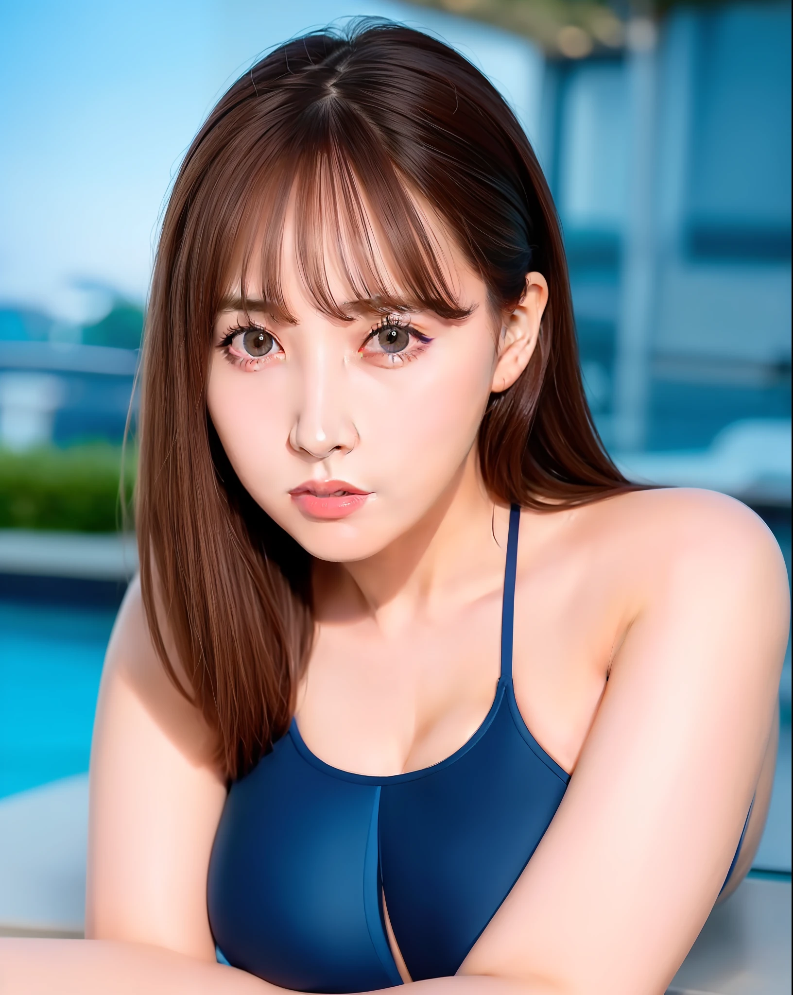 Top Quality, Photorealistic, 8K, High Definition, (1 Girl), (Female)), Colossal, (((Thin Waist))),Brunette,Mole,Bangs,Short Hair,Mouth Closed, (Blue One Piece Swimsuit: 1.5), ((Look and Viewer)), (Look & Viewer)), (Professional Lighting, Bokeh), (Poolside))), (Portrait: 0.6), Gorgeous, (Dynamic Pose:1.2)、
