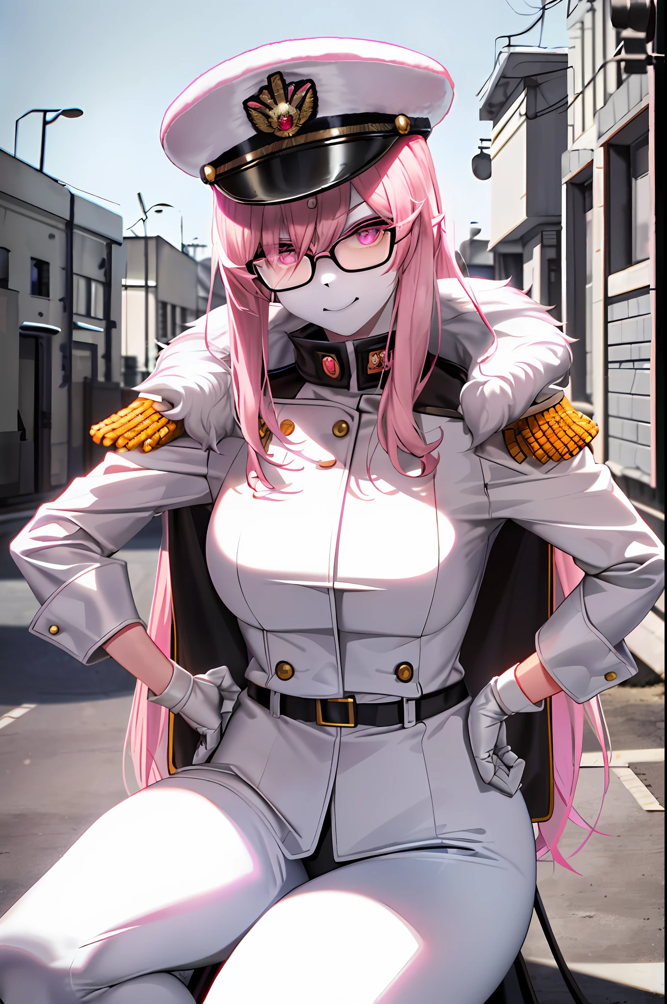 (masterpiece, best quality)), (Anthro Furry:1.3, muzzle:1.2, Anthro:1.3, Furry:1.2, closeup:1.2, female solo:1.2, (wearing Russian military coat) military pants, wearing glasses, Fox spiraled in the colors of Funtime Foxy,Five Nights at Freddy,white skin pink details, pink eyes, sexy position, deserted ambient place, Russian general military hat.
