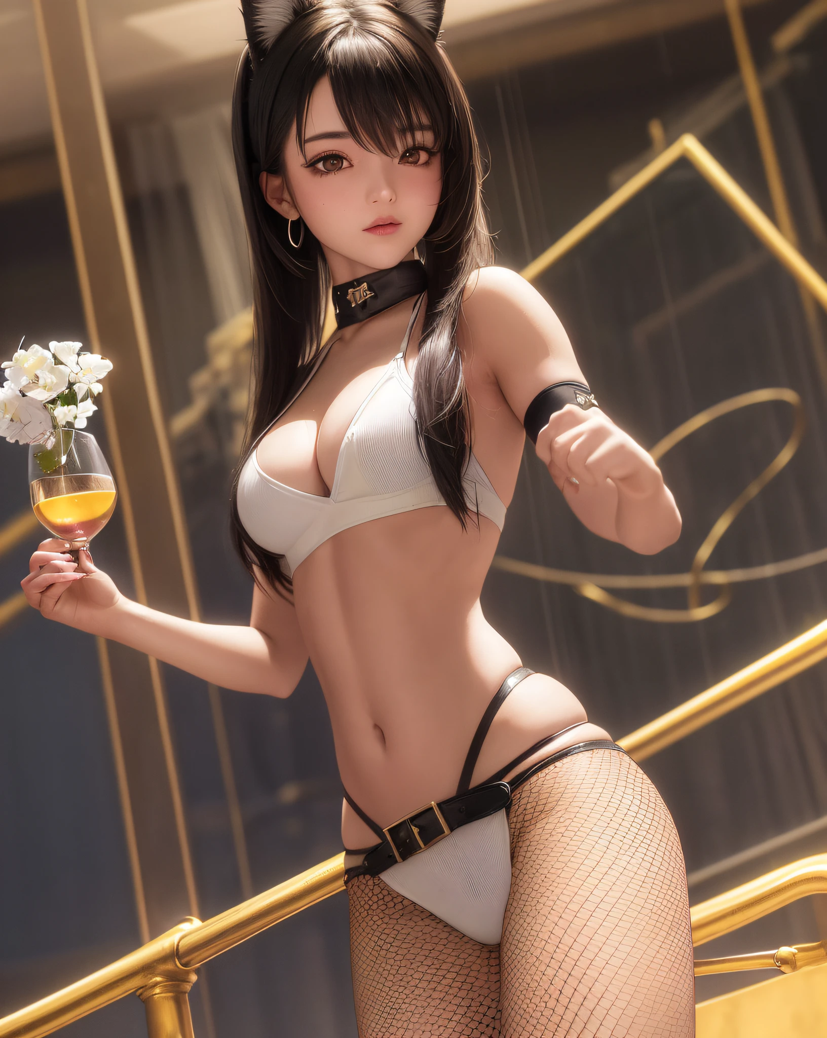 (Masterpiece, Best Quality, Ultra Detailed, 8K, Detailed Light, (Detailed Skin), 1 Sexy Girl, Tifa, Face, 18 years old, Brunette hair, Long hair, Black eyes, Eye reflex, Affectionate Eyes, Detailed Eyes, Solo, Extremely Tender Skin, Dehydrated Skin, Skin Reflection Light, Updraft), Monochrome, Big Forhead, optical_illusion, Twintails, Yellow hair,western,fishnet_pantyhose,armband,medium breast,little girl,giantess,excited,dog_ears,bathing,cat_pose,legs_up,upside-down,Bare navel,curtain,wine glass,in the rain, sky,gorgeous