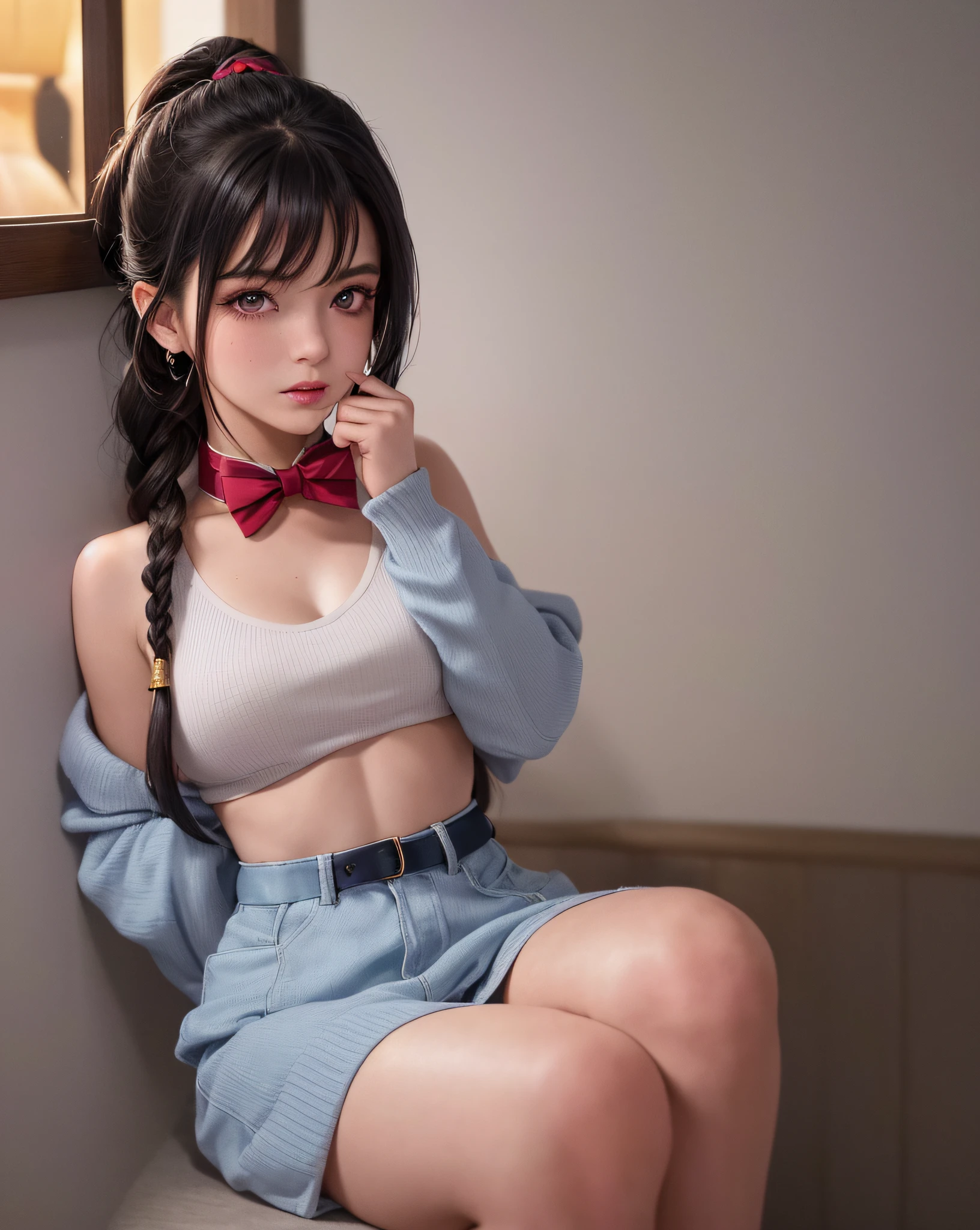 (Masterpiece, Best Quality, Ultra Detailed, 8K, Detailed Light, (Detailed Skin), 1 Sexy Girl, Tifa, Face, 18 years old, Brunette hair, Long hair, Black eyes, Eye reflex, Eyes with feelings, Detailed Eyes, Solo, Extremely Tender Skin, Dehydrated Skin, Skin Reflective Light, Updraft), pixel_art, Forest, Real, Braided Ponytail, Blue Hair, Sweater jacket,kneehighs,bowtie,medium breast,bishoujo,soldier,blush,heterochromia blue red,lie,hands up , against wall,bent_over,Bare navel,curtain,wine glass,full_moon,golden hour lighting,beautiful detailed eyes