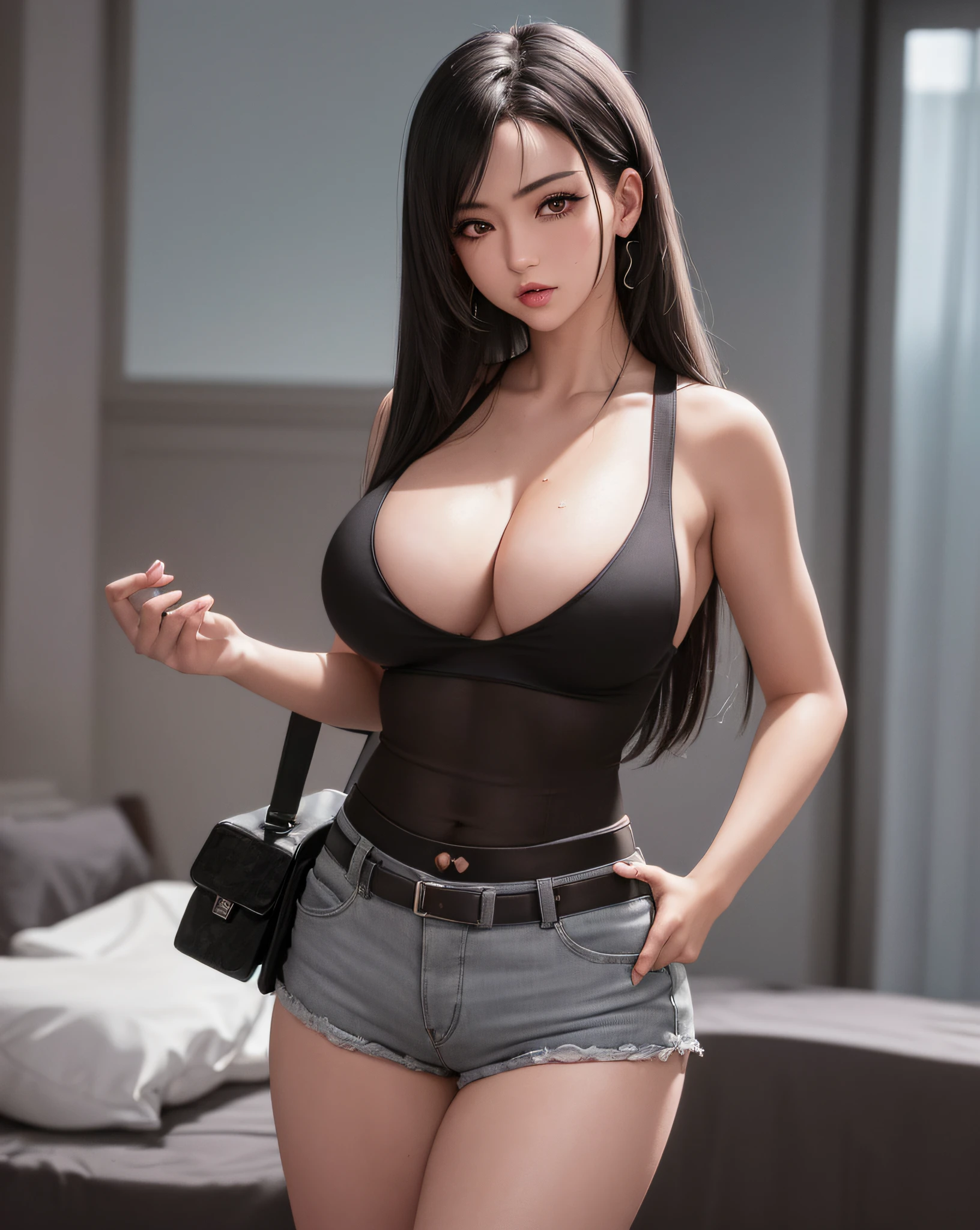 (Masterpiece, Best Quality, Ultra Detailed, 8K, Detailed Light, (Detailed Skin), 1 Sexy Girl, Tifa, Face, 18 years old, Brunette hair, Long hair, Black eyes, Eye reflex, Affectionate Eyes, Detailed Eyes, Solo, Extremely Tender Skin, Hydrated Skin, Skin Reflection Light, Updraft), Checkered, Best Shadow, Back, Grey Gradient Hair, Green Hair, Short shorts,thighband pantyhose,satchel,big breast, boy,yukkuri_shiteitte_ne,open mouth,eyeball,grovel,hands on hip,fetal position,symmetrical_docking,Bare navel,bed, butterfly,rainy days,strong rim light,beautiful detailed eyes