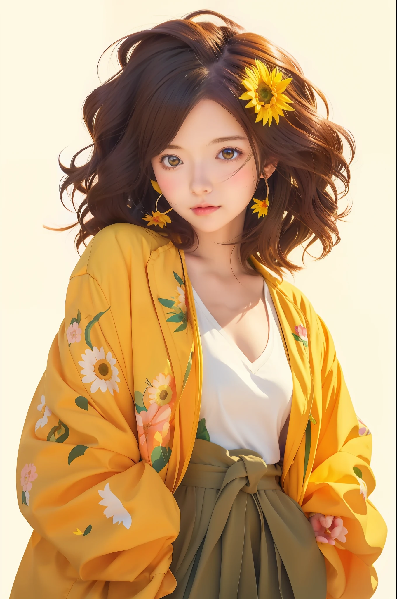 anime girl with flower in hair and yellow jacket, beautiful anime portrait, digital anime illustration, cute art style, anime style portrait, anime style illustration, beautiful anime art style, portrait of an anime girl, detailed portrait of anime girl, anime illustration, wavy hair yellow theme, detailed anime character art, beautiful sunflower anime girl, style anime