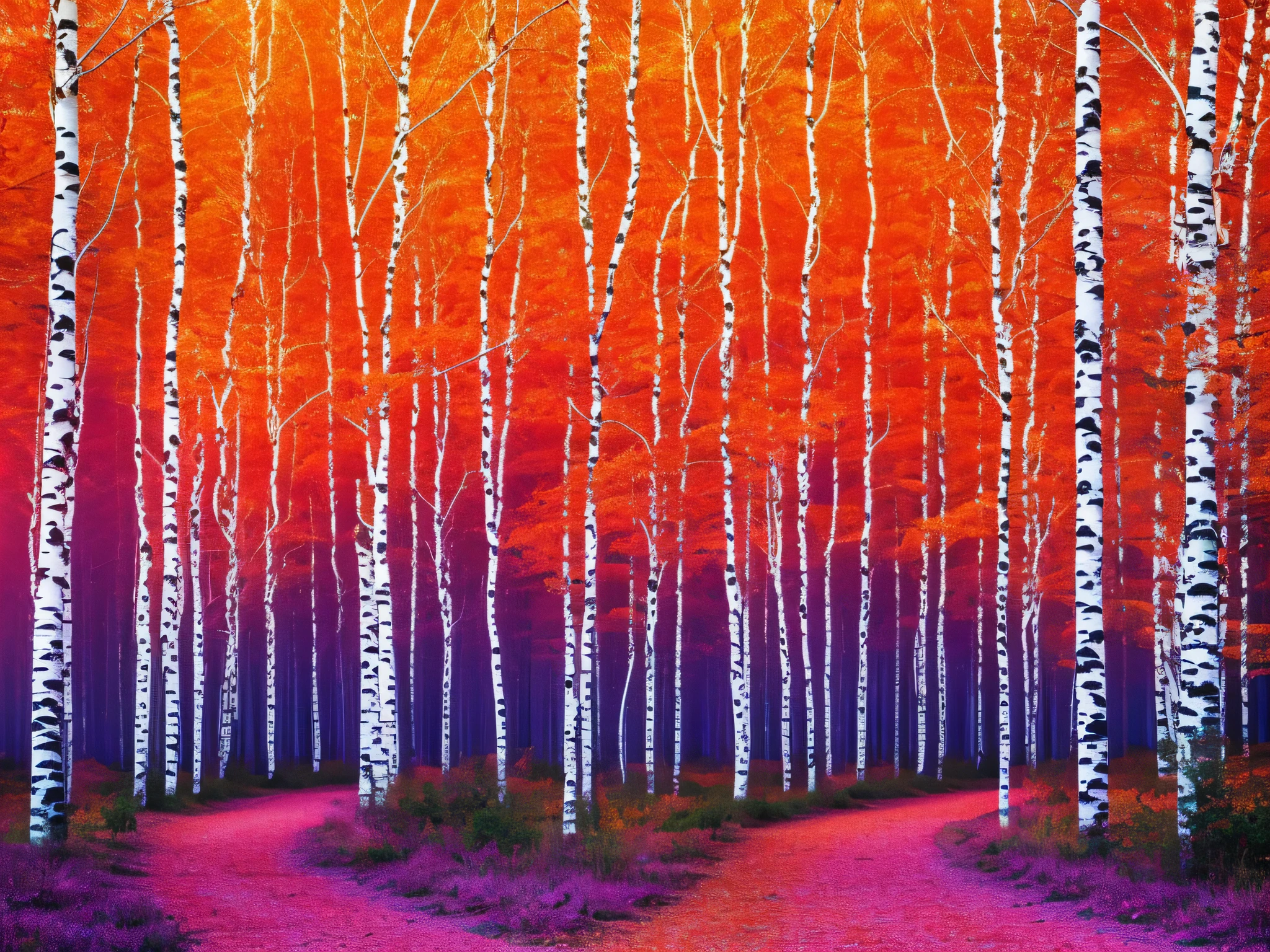 Birch avenue, masterpiece_portrait, top quality, photorealistic, ultra high resolution, detailed lighting, realistic, intricate_details, finely_detailed, 8K ultra high definition, wide shot, twilight majesty: twilight forest with vivid sky painted in shades of orange, pink and purple. The silhouettes of the trees stand against the colorful background, creating a majestic scene.