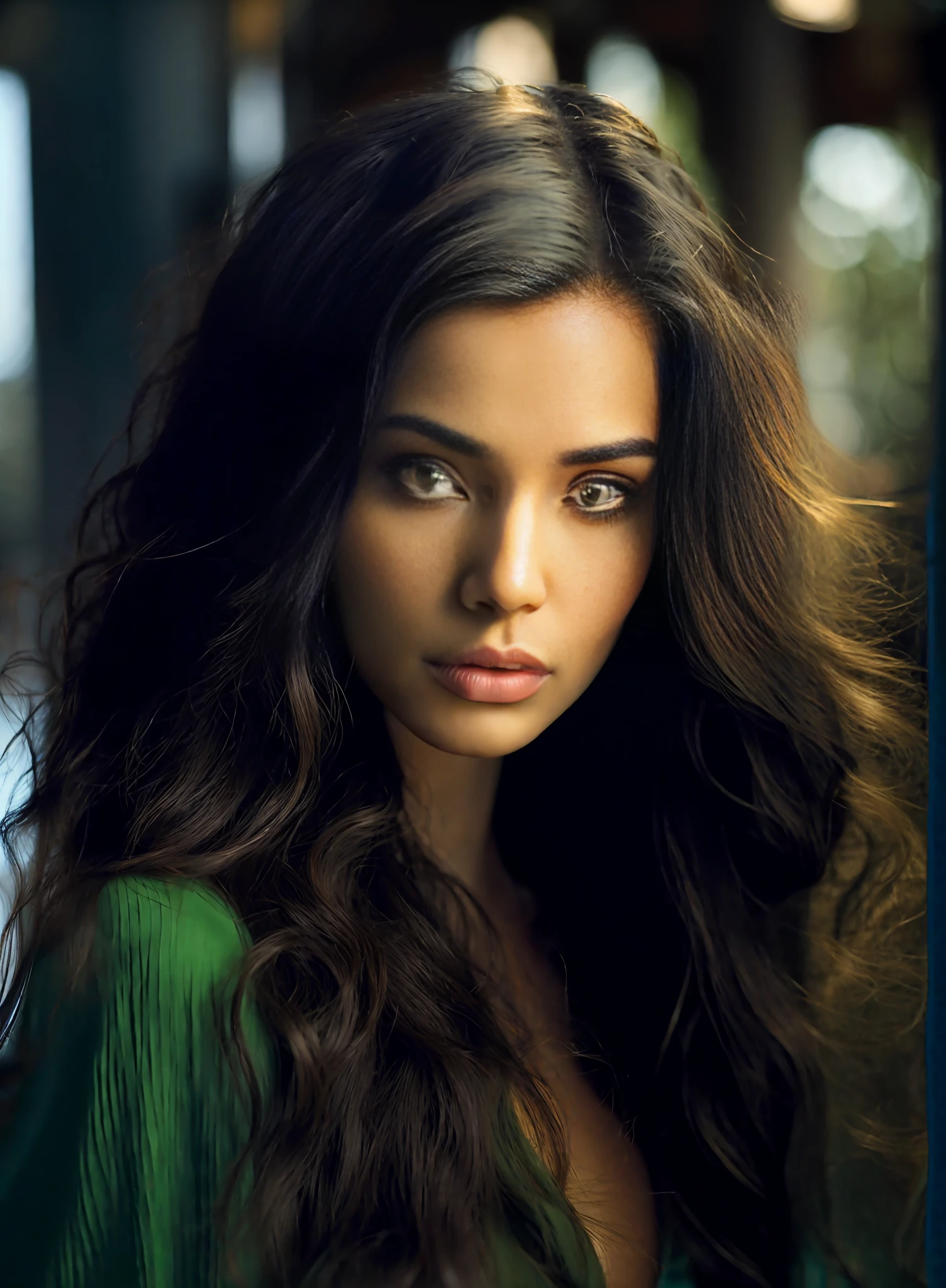 beautiful (black skin woman)++, close up, dress, (detailed eyes:0.8), (looking at the camera:1.4), (highest quality), (best shadow), , intricate details, interior, dark studio, muted colors,dark theme, dark backround