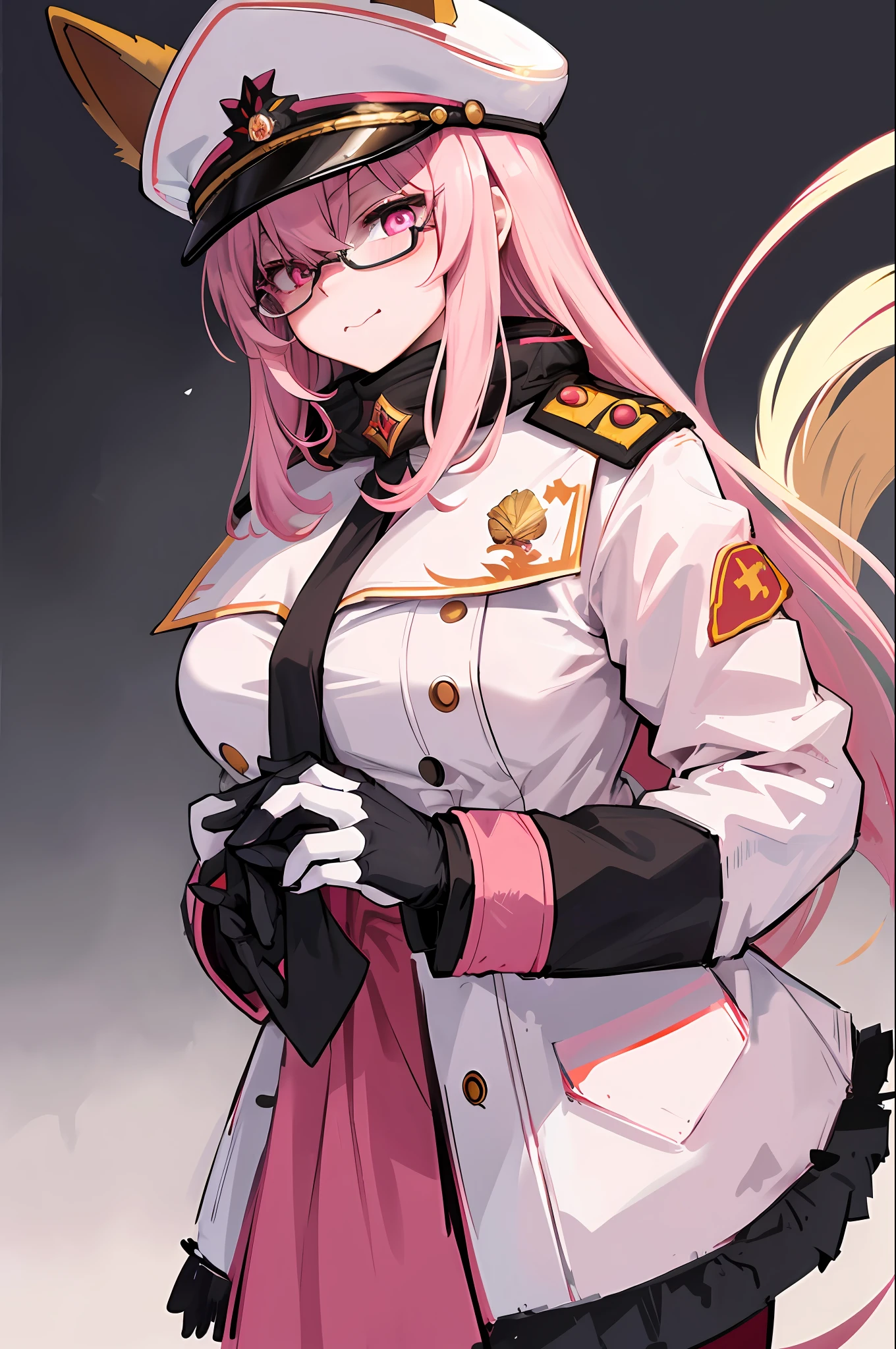 (masterpiece, best quality)), (Anthro Furry:1.3, muzzle:1.2, Anthro:1.3, Furry:1.2, closeup:1.2, female solo:1.2, (wearing Russian military coat) military pants, wearing glasses, Fox spiraled in the colors of Funtime Foxy,Five Nights at Freddy,white skin pink details, pink eyes, sexy position, deserted ambient place, Russian general military hat.