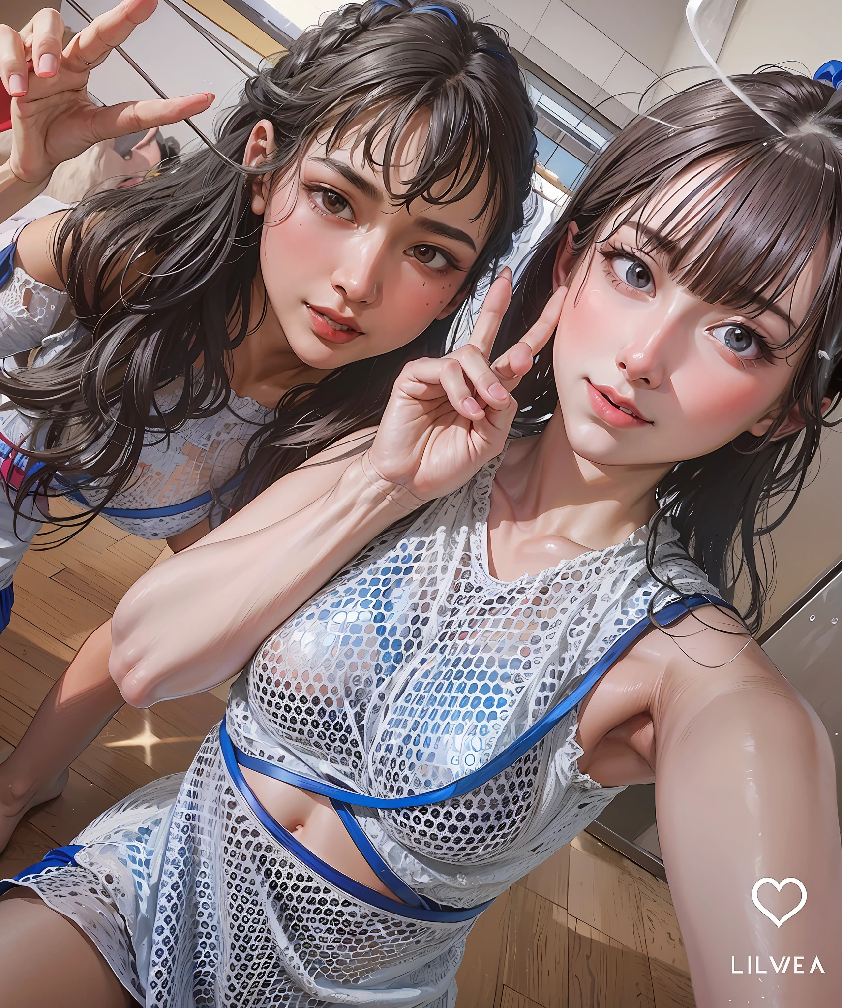Cheergirl is two Asian women, hair color is brown, cheering in the basketball stadium, good friends, hairstyle is as shown in the photo, two people are standing side by side, costume is as shown in the photo, shiny silver, 2263539546], ;, Hololive ,, 🚿🗝📝 🔞🤡 🎨 🪔 ❤🔥🍄🌪 8k)) 🌞🌄