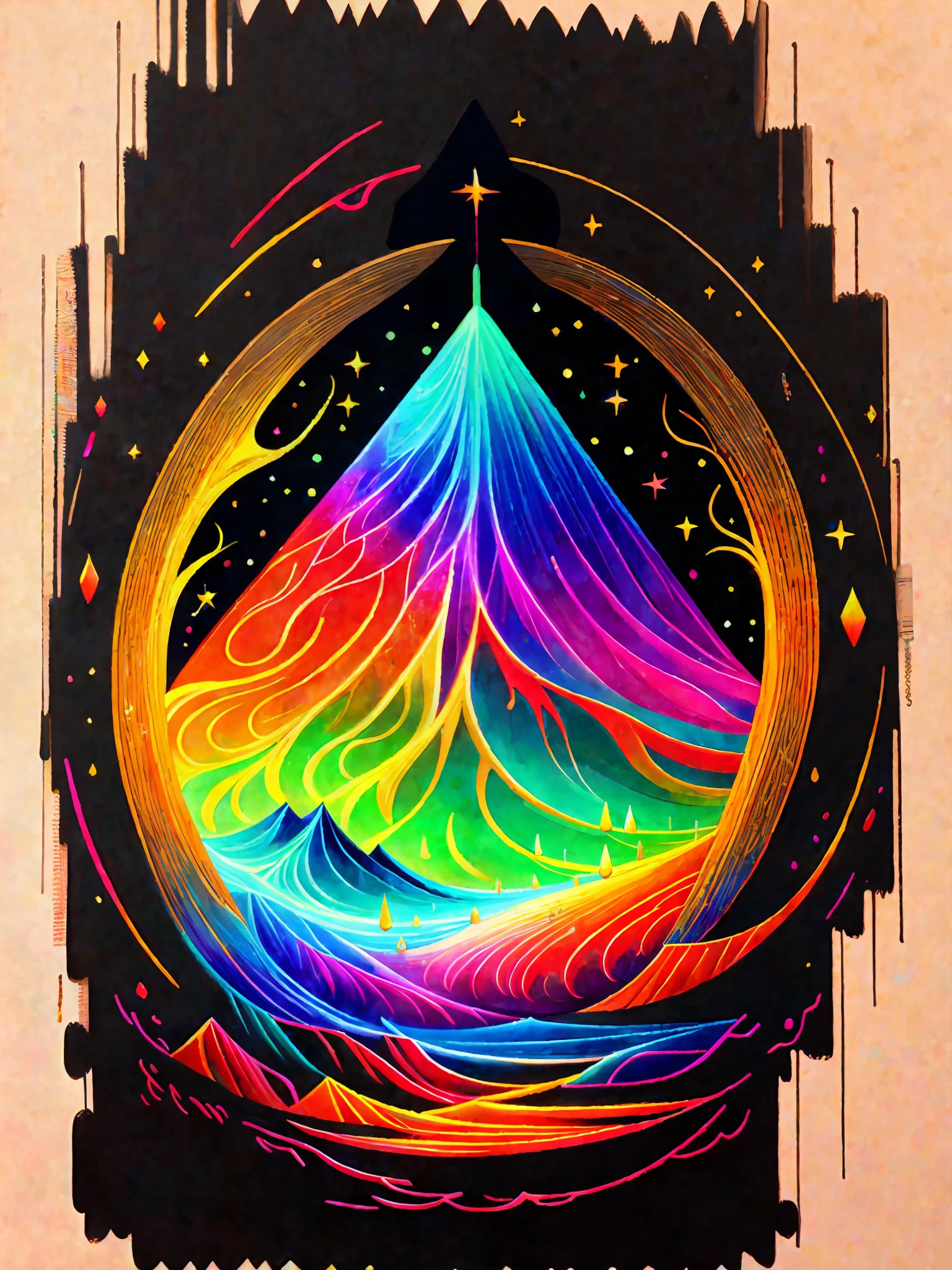 a painting of a colorful umabaye on a black background,, breathtaking rendering, within a radiant connection, inspired by Kinuko Y. Craft,, magical elements, Britney Spears icon, wow, is gorgeous, casting a multi colorful spell, bright flash, flash