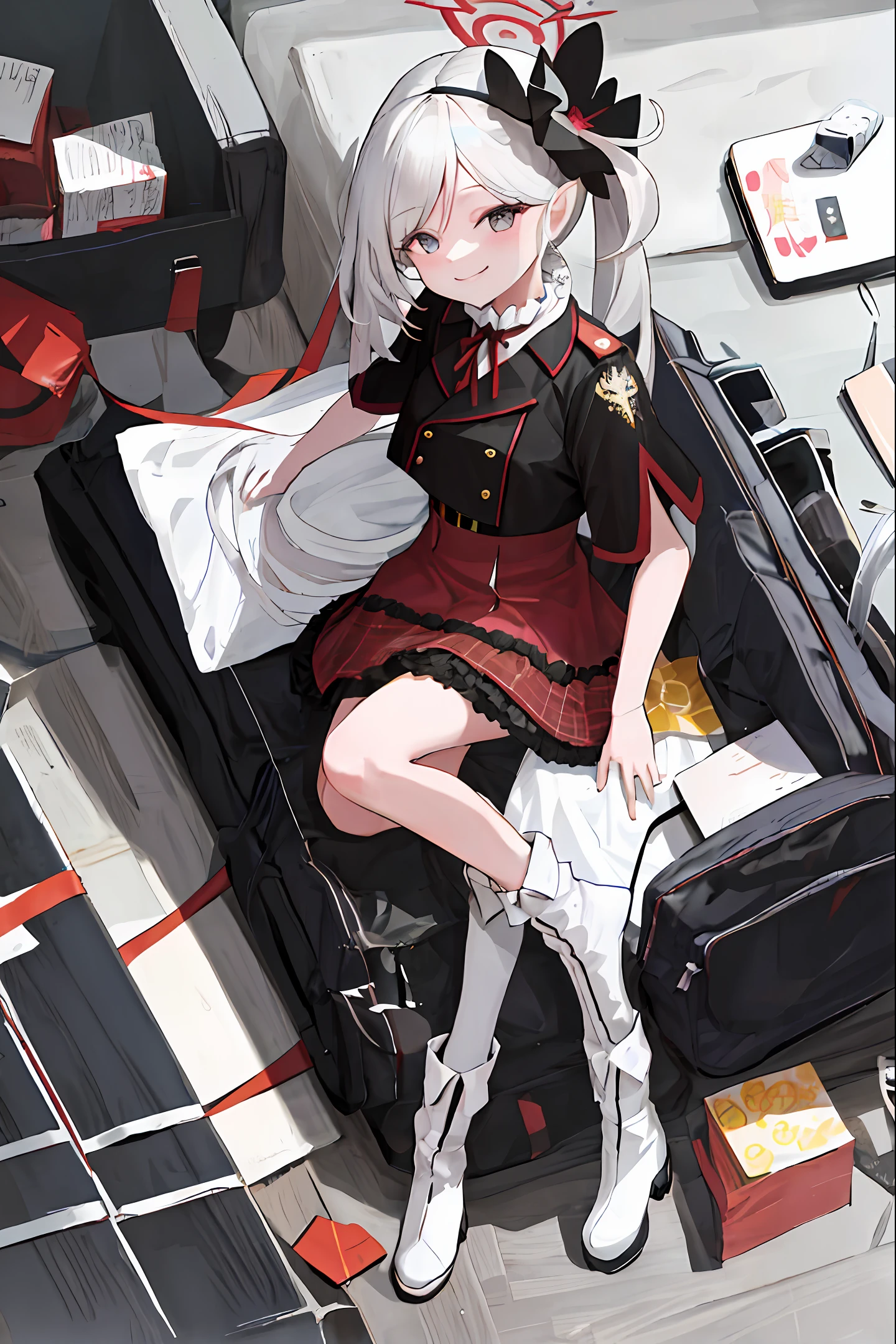 Highest quality, HD, single, girly, white long hair, white shirt, black silk, white high heeled boots, black berets