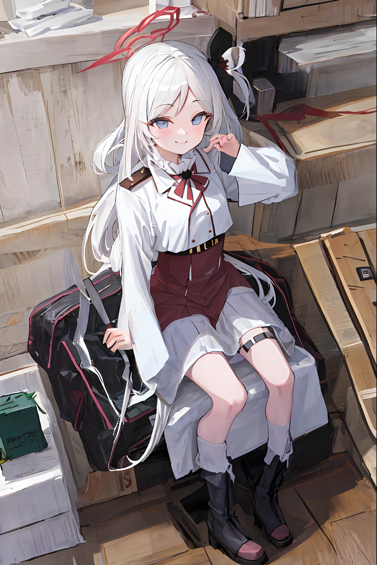 Highest quality, HD, single, girly, white long hair, white shirt, black silk, white high heeled boots, black berets