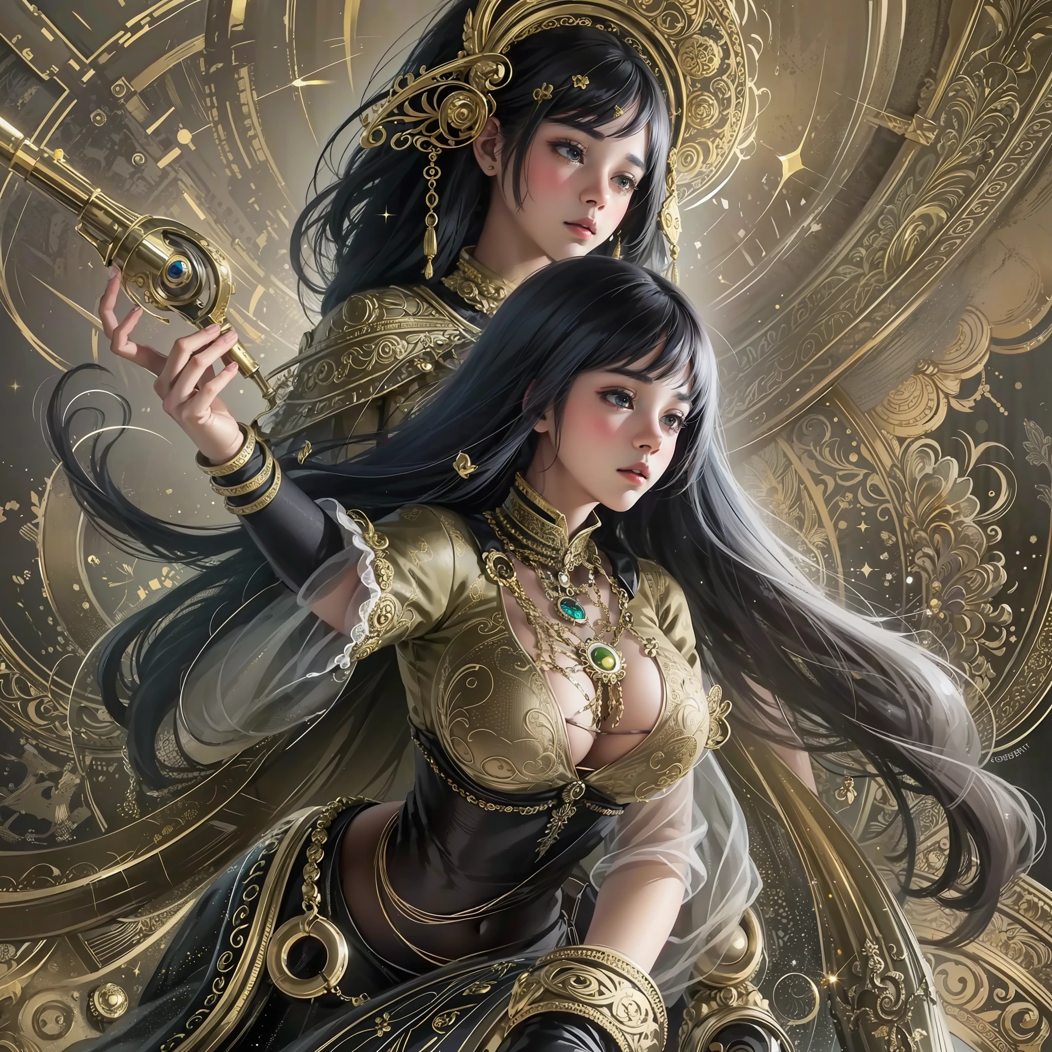 (Masterpiece, Top Quality, Best Quality, Official Art, Beauty and Aesthetics: 1.2), (1girl), Extreme Detail, Colorful, Highest Detail, Official Art, Unified 8k Wallpaper, Ultra Detailed, Beautiful and Aesthetic, Beautiful, Masterpiece, Best Quality, (Zentangle, Mandala, Tangle, Entangle), Holy Light, Gold Leaf, Gold Leaf Art, Glitter Drawing, PerfectNwsjMajic, Thin Waist, Big Breast, Thin Leg. Not exposed --auto --s2