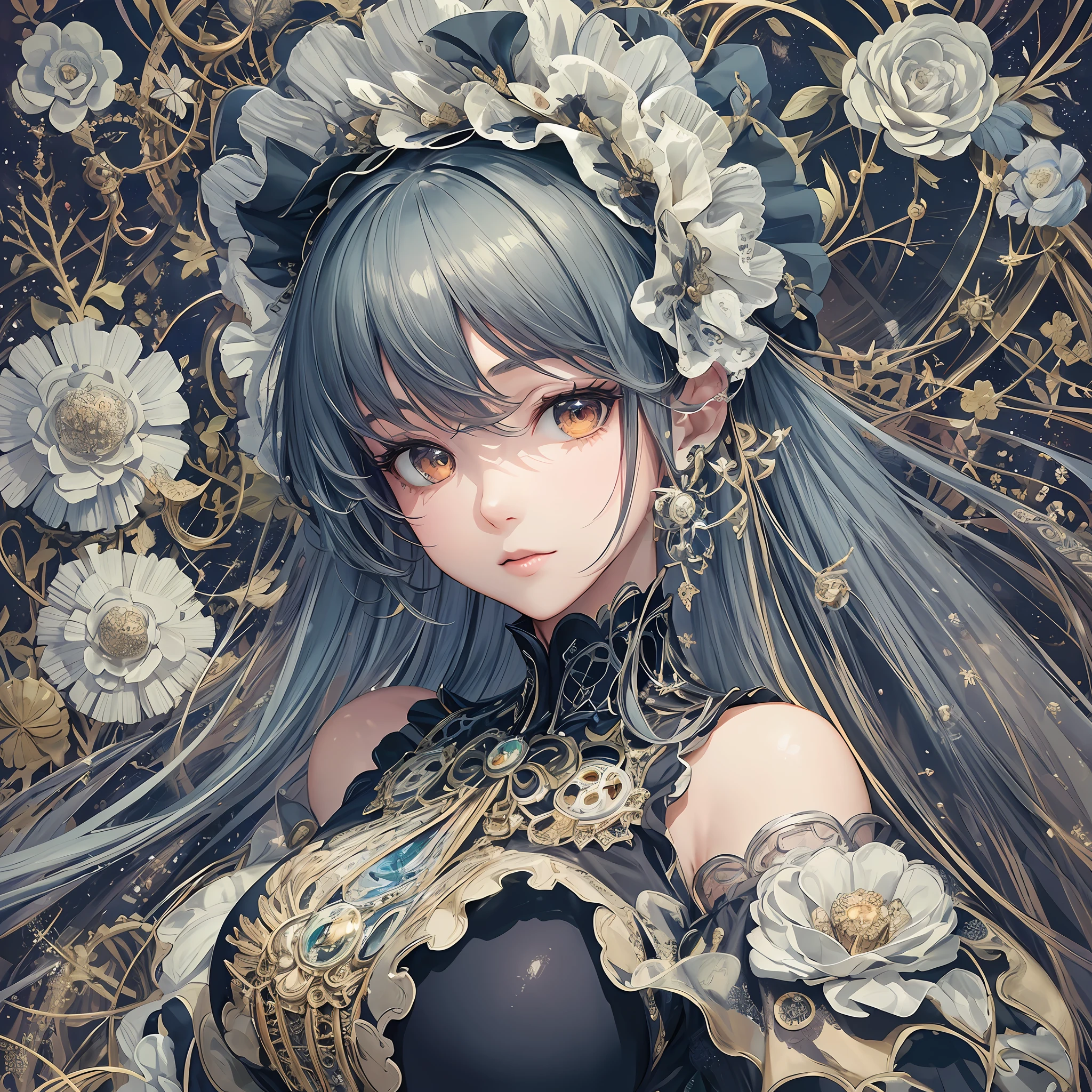 (masterpiece), ((highest quality)),(official art),(beautiful and beautiful:1.2),(Mechanical Gothic girl dress adorned with many gears and jewels, ultra-detailed embroidered dress, mechanical goth, mechanical gothic lolita, ruffles, mechanical white lace veil, gothic bonnet decorated many gears: 1.8),(1 girl: 1.3), upper body, Armpit, a beautiful woman wearing a dress with a detailed and delicate design sealed in a crystal, and Taiki who grows up by taking in the sealed crystal. It shines faintly in the light of the midnight moon. Detailed drawing. Bright colors. Colorful, highest detail ((ultra detail)),(highly detailed 2D illustration),((very delicate and beautiful)))super detail, wakame, wakame, wakame, wakame, wakame, wakame, wakame, wakame, wakame, wakame, wakame, wakame, wakame, wakame, wakame