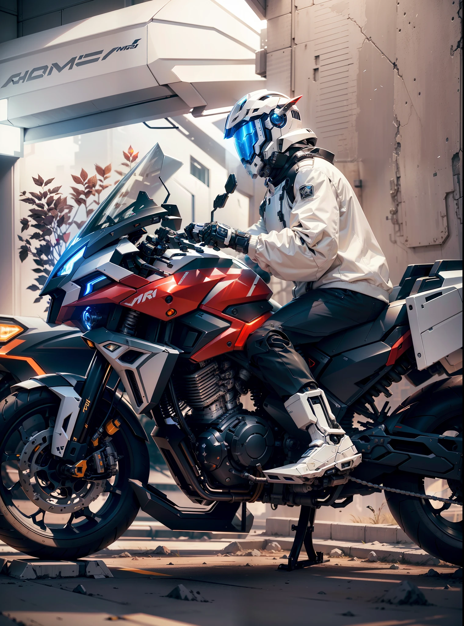 Strong full body white mech short hair cyber handsome male warrior and cyber mechanical motorcycle, high-tech white full enveloping helmet, Nousr, biomechanics, MSHN robot man, high-tech helmet, surreal, steel, intricate design, crazy details, fine details, extremely clear lines, cinematic lighting, photo realism, detailed masterpiece