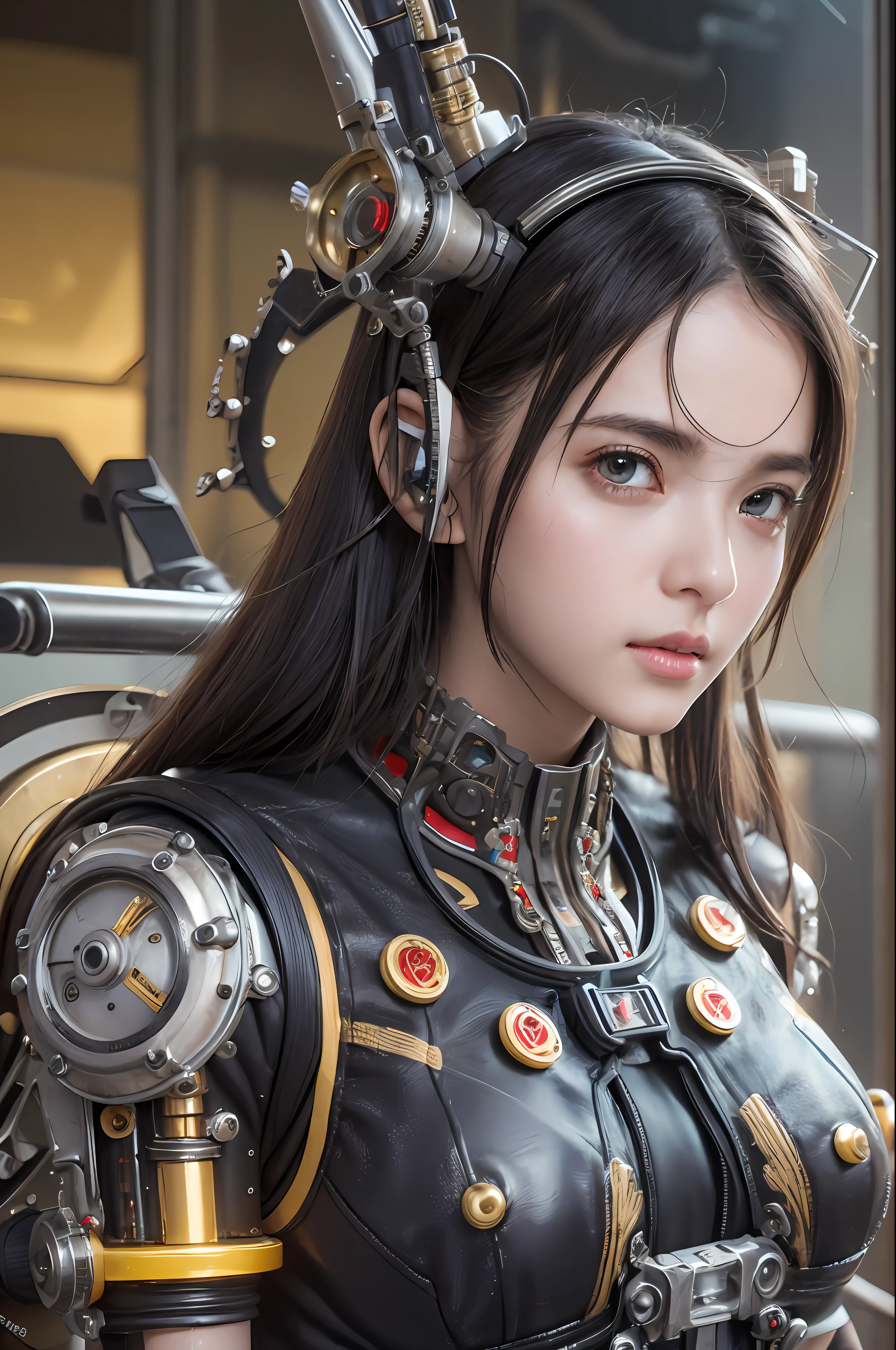 Top Quality, Masterpiece, Ultra High Resolution, (Photorealistic: 1.4), Raw Photo, 1 Girl, Black Hair, Glossy Skin, 1 Mechanical Girl, (Ultra Realistic Details)), Portrait, Global Illumination, Shadows, Octane Rendering, 8K, Ultra Sharp, Big, Cleavage Exposed Raw Skin, Metal, Detail of Intricate Ornaments, steampunk details, Matsumoto meter, vacuum tube, nixie suga, oil pressure gauge, glass tube, analog meter, gears, gears, golden hydraulic cylinder, very intricate detail, realistic light, CGSoation trend, purple eyes, glowing eyes, facing the camera, neon details, mechanical limbs, blood vessels connected to tubes, mechanical vertebrae attached to the back, mechanical cervical to attach to the neck, sitting, wires and cables connecting to the head, Gundam, small LED lamps,