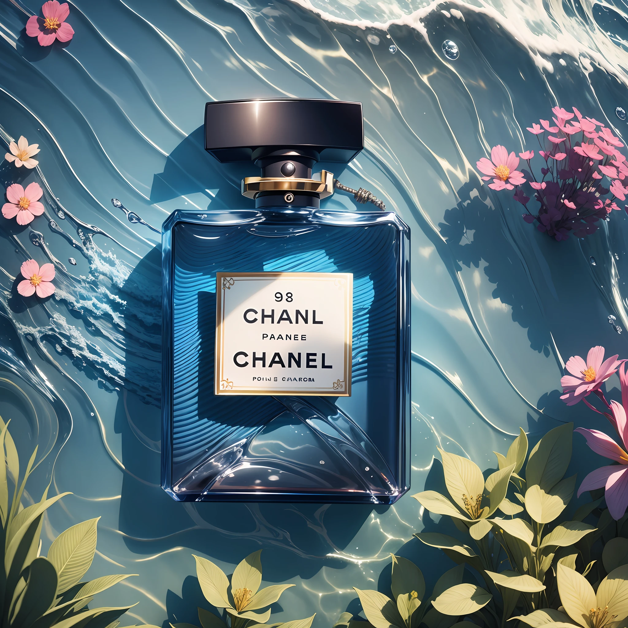 A Chanel perfume, in an ocean scene, with waves, water ripples 
and flowers,Sunlight, Natural Lighting, The Golden Mean,Quiet blue with colorful accents,Product photography,commercial photography,photorealistic, intricated details,32K, Telephoto lens, Sony Lens--ar9:16--s750--q2--style raw --auto --s2