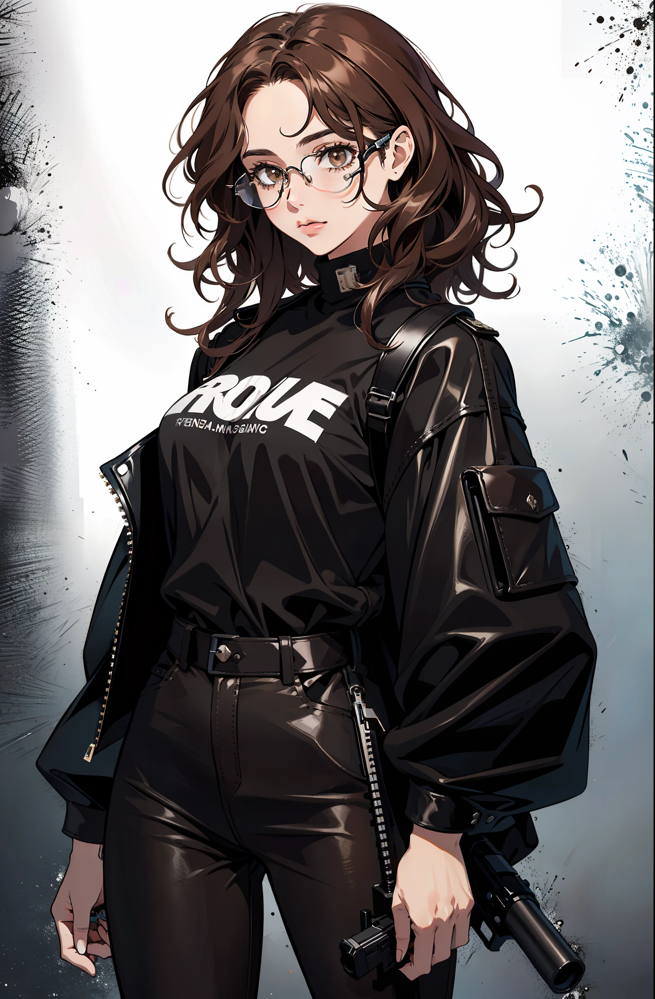 19 year old girl with medium curly hair,wearing transparent glasses,half defined detailed face,brown eyes,wearing black leather clothing and holding a gun
