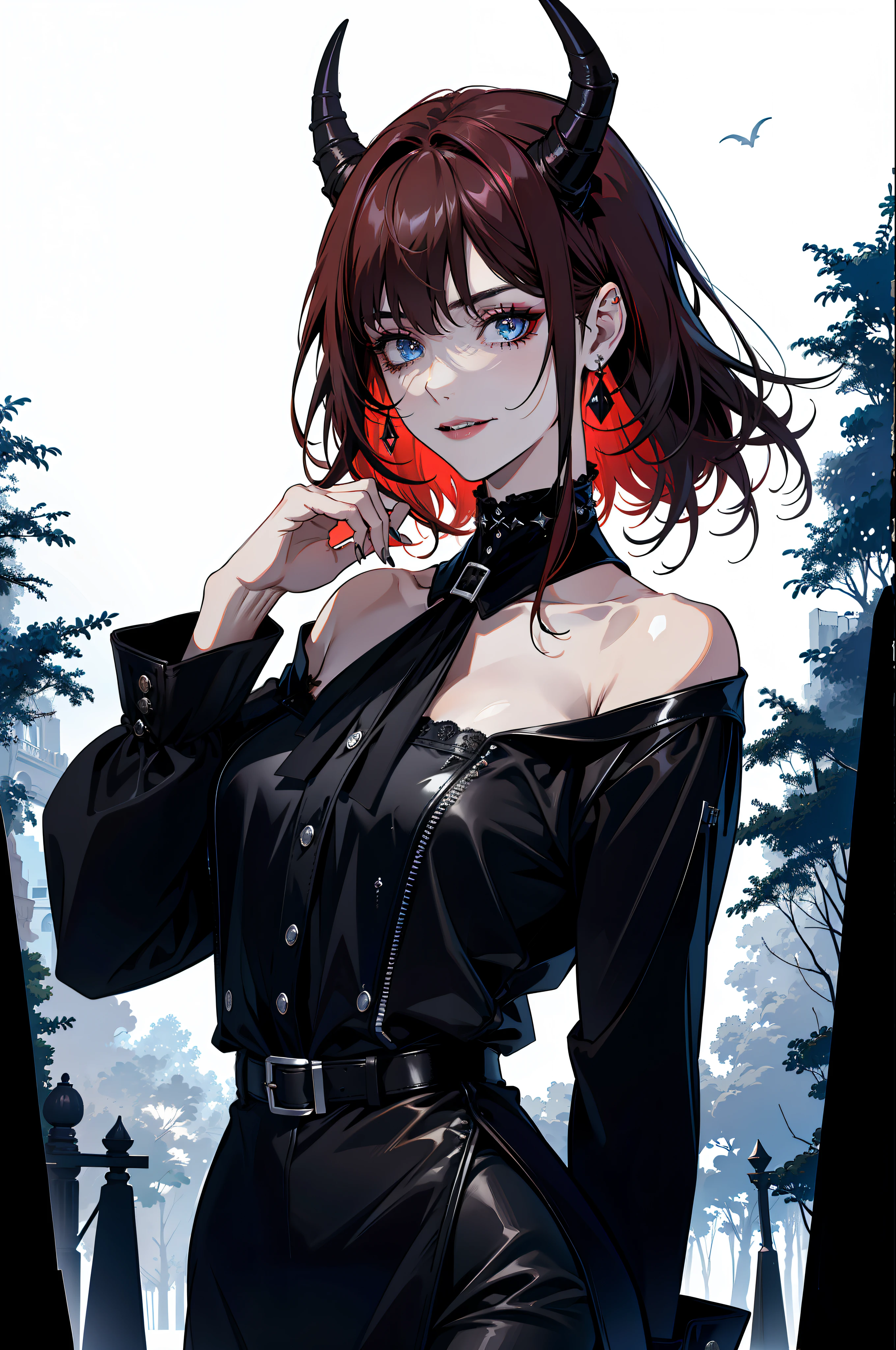 (absurdres, highres, ultra detailed), 1 girl, adult, handsome, tall, broad shoulders, finely detailed eyes and detailed face, black leather clothes, night, smile, dutch angle, short red hair, moon, forest, black horns in his head, silver details, earrings, black chocker, gothic, dark, vampire, black pants, horns, blue eyes, black simple dress, looking at the view, pale skin, seductive pose
