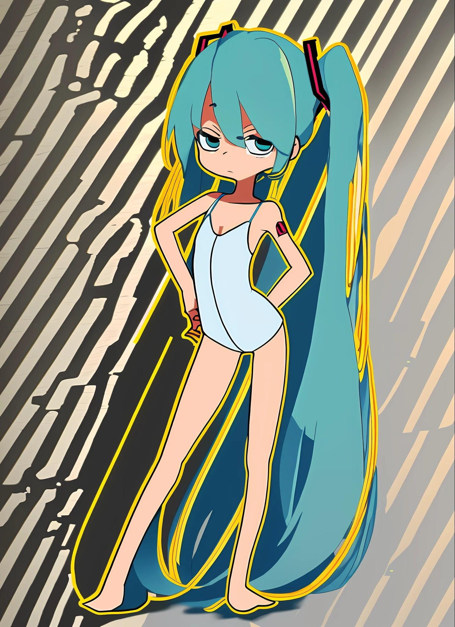 masterpiece, best quality, solo, hatsune miku, shiny skin, standing, detailed background