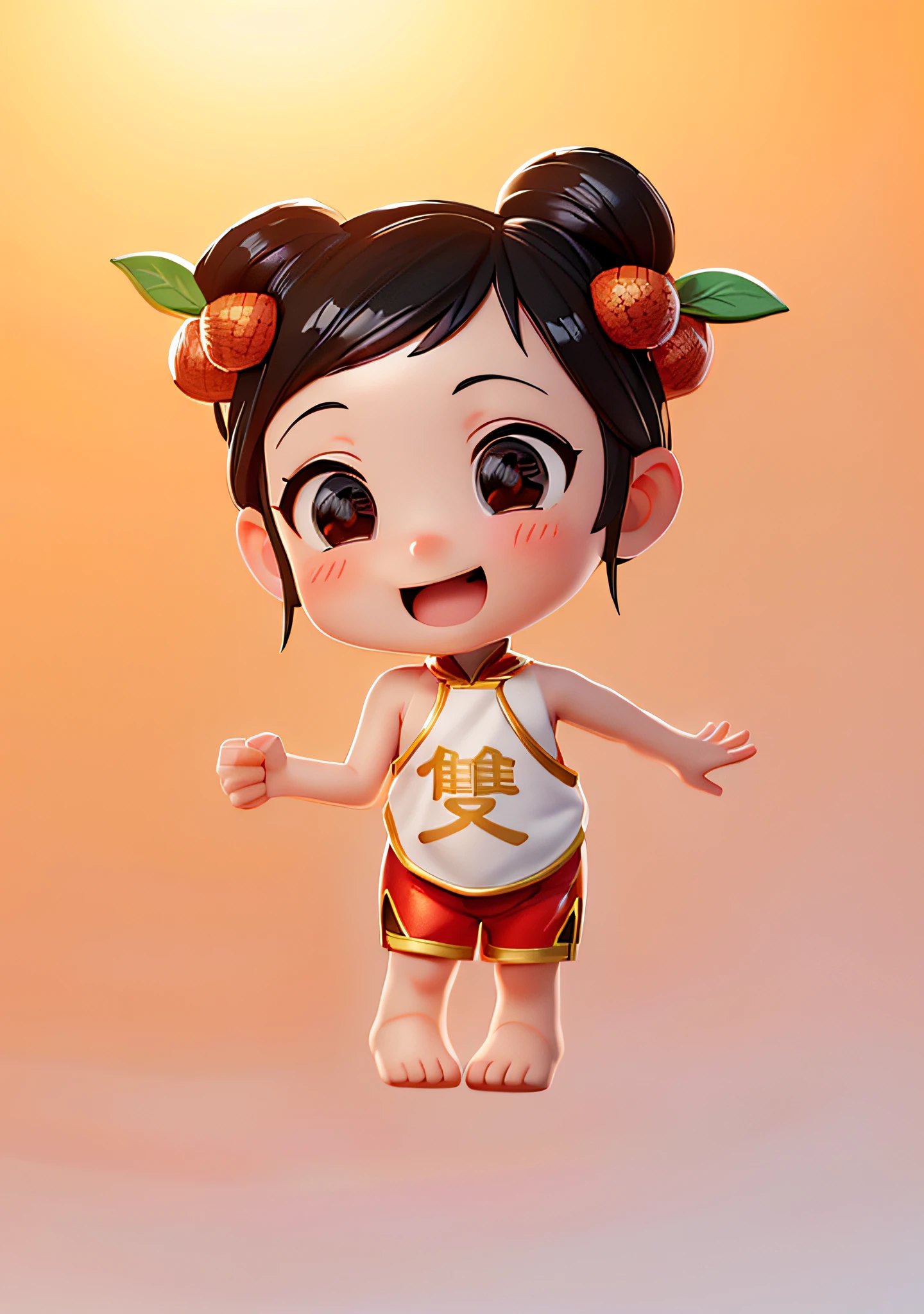 (Masterpiece: 1.3), (Best Quality: 1.3), (Masterpiece: 1.3), (Best Quality: 1.3), (8k wallpaper), (Ultra High Resolution), Full Body, (Bicephal: 2), (Natural Skin Texture), (Beautiful and Beautiful), (Very Detailed CG, Intricate Details), White Background, (White Background: 1.5), .pixar, 3D, C4D, blender, 1 Girl, Cute, Happy Face, Black Hair, Solo, Chibi, Hair Ornament, .Chibi, (Lychee:  0.5), (Double Lychee: 0.2), (Chinese Style: 1.5), Hanfu, (Red Bib), (Red Shorts), Painted Gold Edge, Sleeveless, (Chinese Tiger Head Shoes: 1.5).