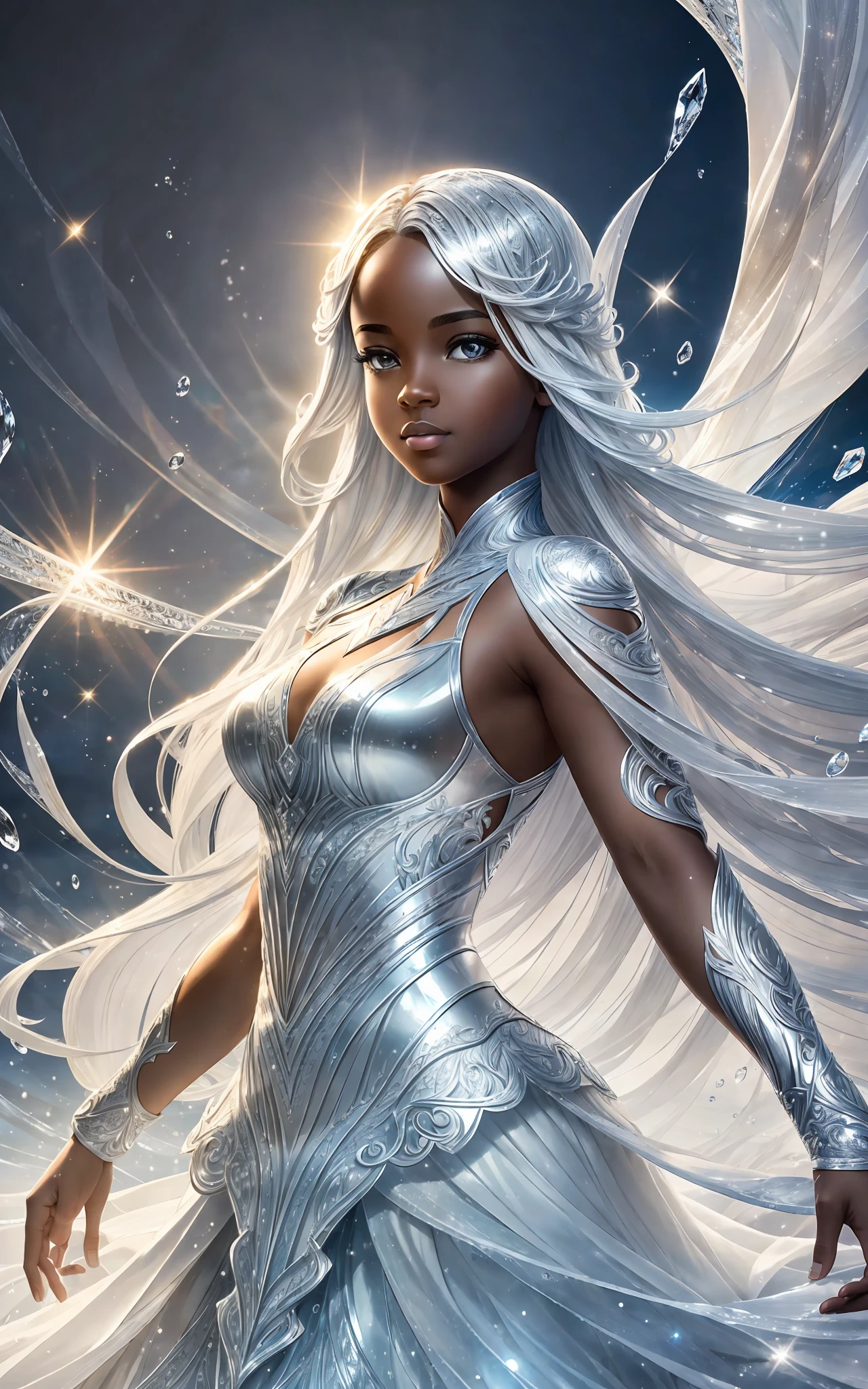 award winning 64k concept art of (black 1girl:1.2) in white majestic open dress standing proudly on the ice, posing, epic, god rays, centered, upper body, (masterpiece:1.2), (best quality:1.2), Amazing, highly detailed, beautiful, finely detailed, warm soft color grading, Depth of field, extremely detailed 64k, fine art, stunning, iridescent, shiny, (light reflections:1.2), (crisp:1.5), silver curls, wind, vibrant, sunlit, (edge detection:1.2), absurdres, impressive, 120mm