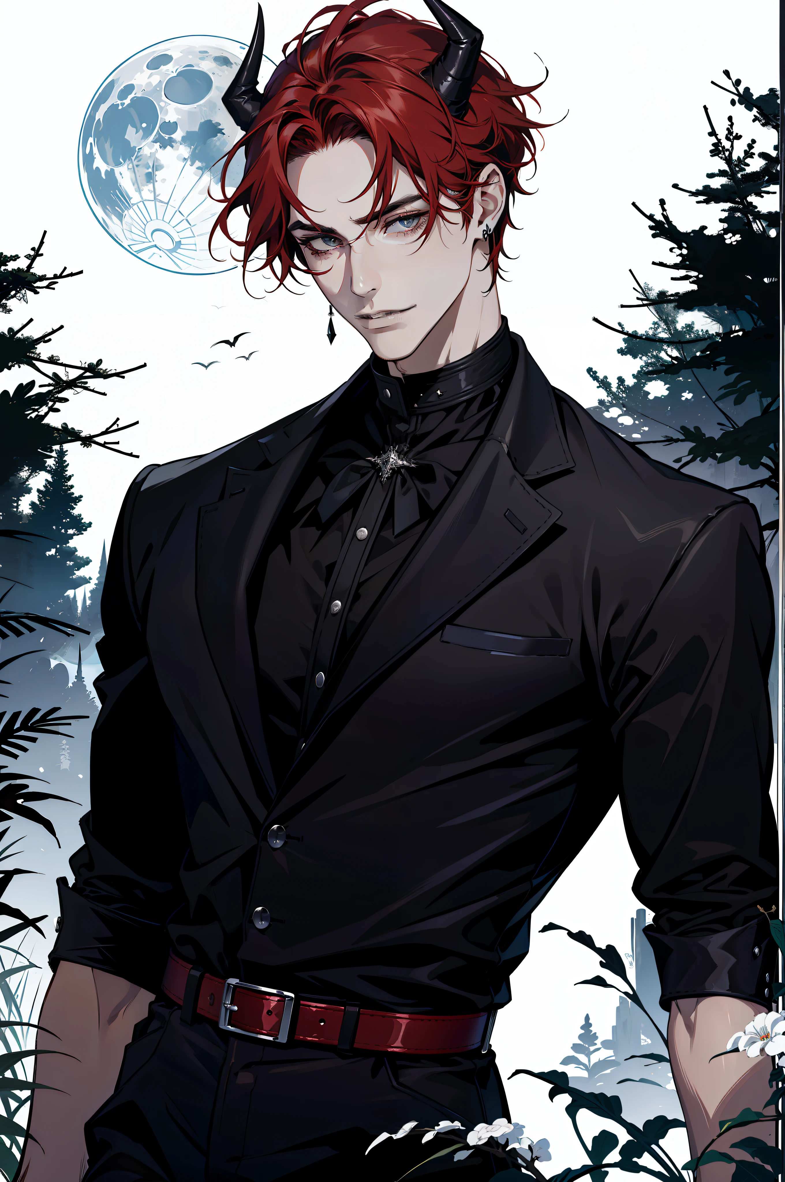 (absurdres, highres, ultra detailed), 1 male, adult, handsome, tall guy, broad shoulders, finely detailed eyes and detailed face, black leather clothes, night, smile, dutch angle, short red hair, moon, forest, black horns in his head, silver details, earrings, black chocker, gothic, dark, vampire, black pants, horns, ((black belt)), ((no jacket)), pale skin