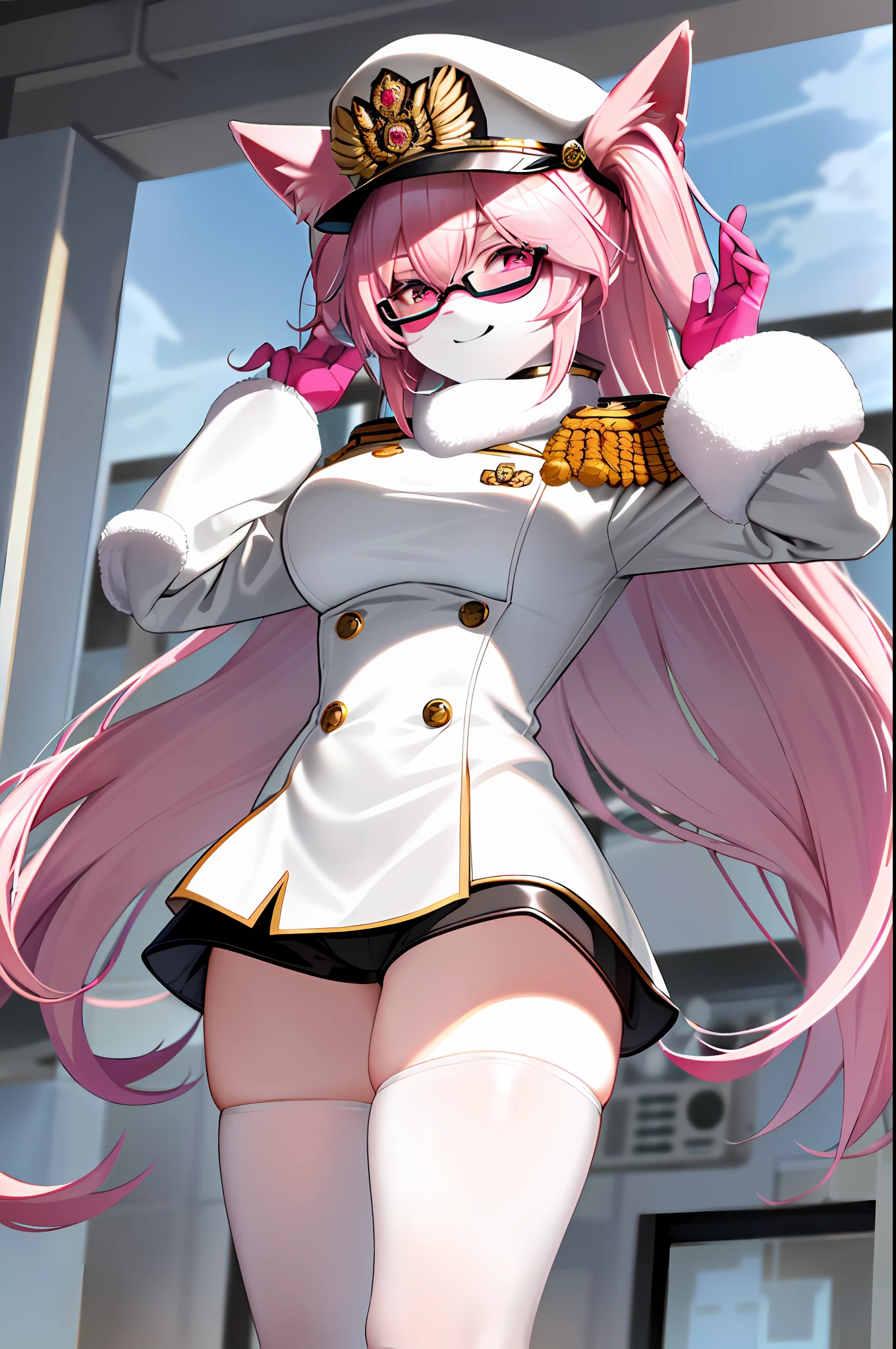 (masterpiece, best quality)), (Anthro Furry:1.3, muzzle:1.2, Anthro:1.3, Furry:1.2, closeup:1.2, female solo:1.2, (wearing Russian military coat) military pants, wearing glasses, Fox spiraled in the colors of Funtime Foxy,Five Nights at Freddy,white skin pink details, pink eyes, sexy position, deserted ambient place, Russian general military hat.