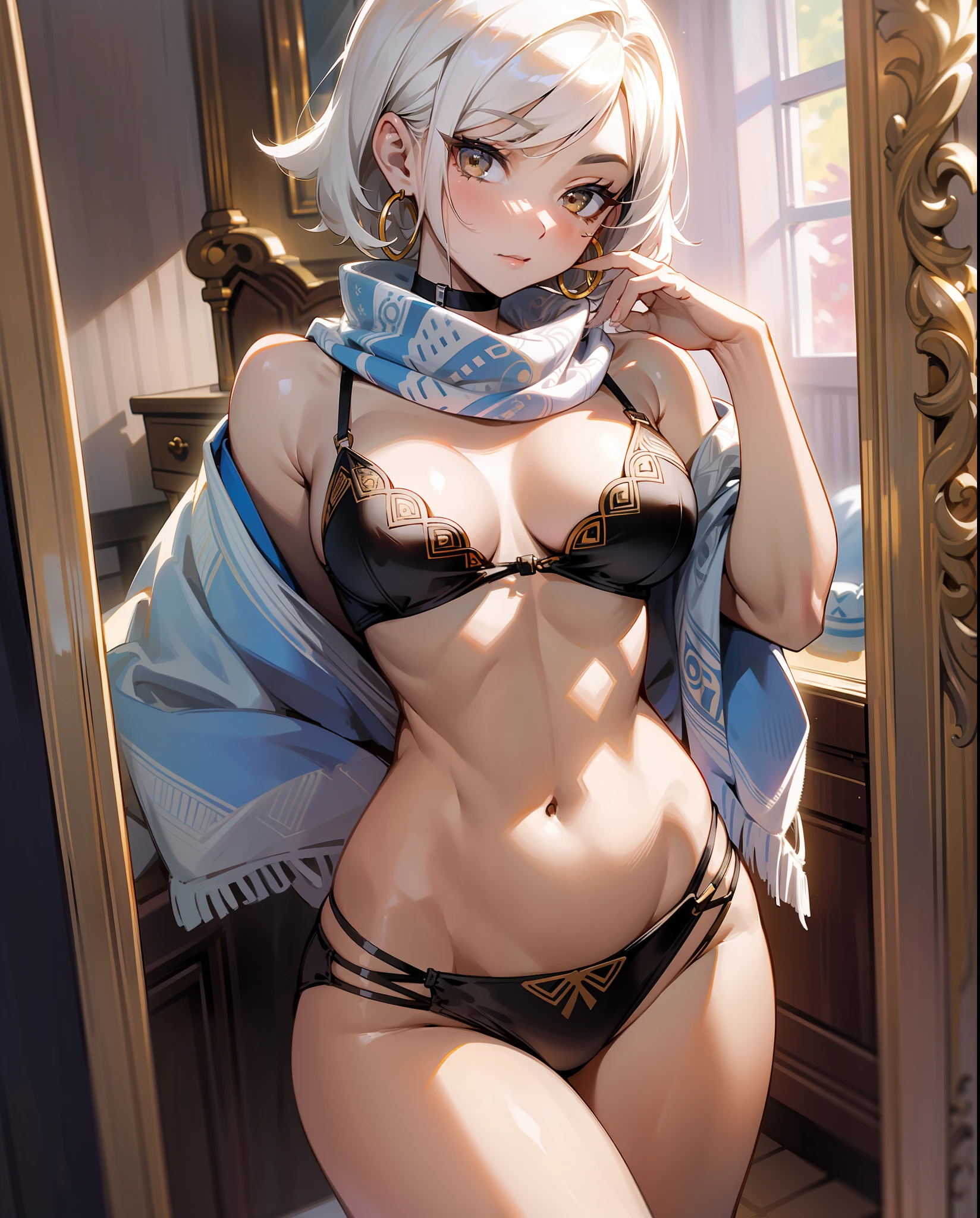 Woman 30 years old, white, short straight hair, detailed scarf tied over her head, covering her head and skulls, scarf over her hair, the top of her head and with tribal design, large breasts, flat belly, medium hip, a little defined and a little muscular, white hair, stuffy nose, brown eyes, look longing for something, very sexy, seductive and hot, hoop earrings, detailed choker, with my thin pants, high heeled shoes, trying on sensual lingerie in front of the mirror, long, high mirror, light coming in through the bedroom window, perfect contrast, perfect shadows,