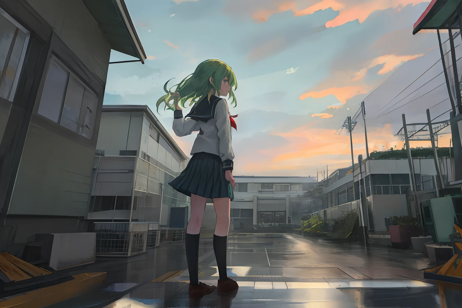 Anime, school, rainy sky, green hair, on top of a building