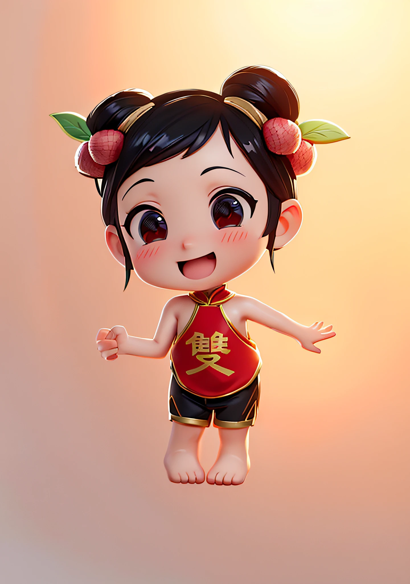 (Masterpiece: 1.3), (Best Quality: 1.3), (Masterpiece: 1.3), (Best Quality: 1.3), (8k wallpaper), (Ultra High Resolution), Full Body, (Bicephal: 2), (Natural Skin Texture), (Beautiful and Beautiful), (Very Detailed CG, Intricate Details), White Background, (White Background: 1.5), .pixar, 3D, C4D, blender, 1 Girl, Cute, Happy Face, Black Hair, Solo, Chibi, Hair Ornament, .Chibi, (Lychee: 0.5), (Double Lychee: 0.2), (Chinese Style: 1.5), Hanfu, (Red Bib), (Red Shorts), Painted Gold Rim, Sleeveless, Barefoot.