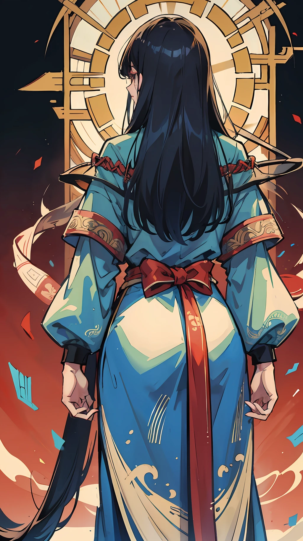 Hanfu, back, man, long hair, amorous, double knives on the waist, the background is full of broken swords --auto --s2