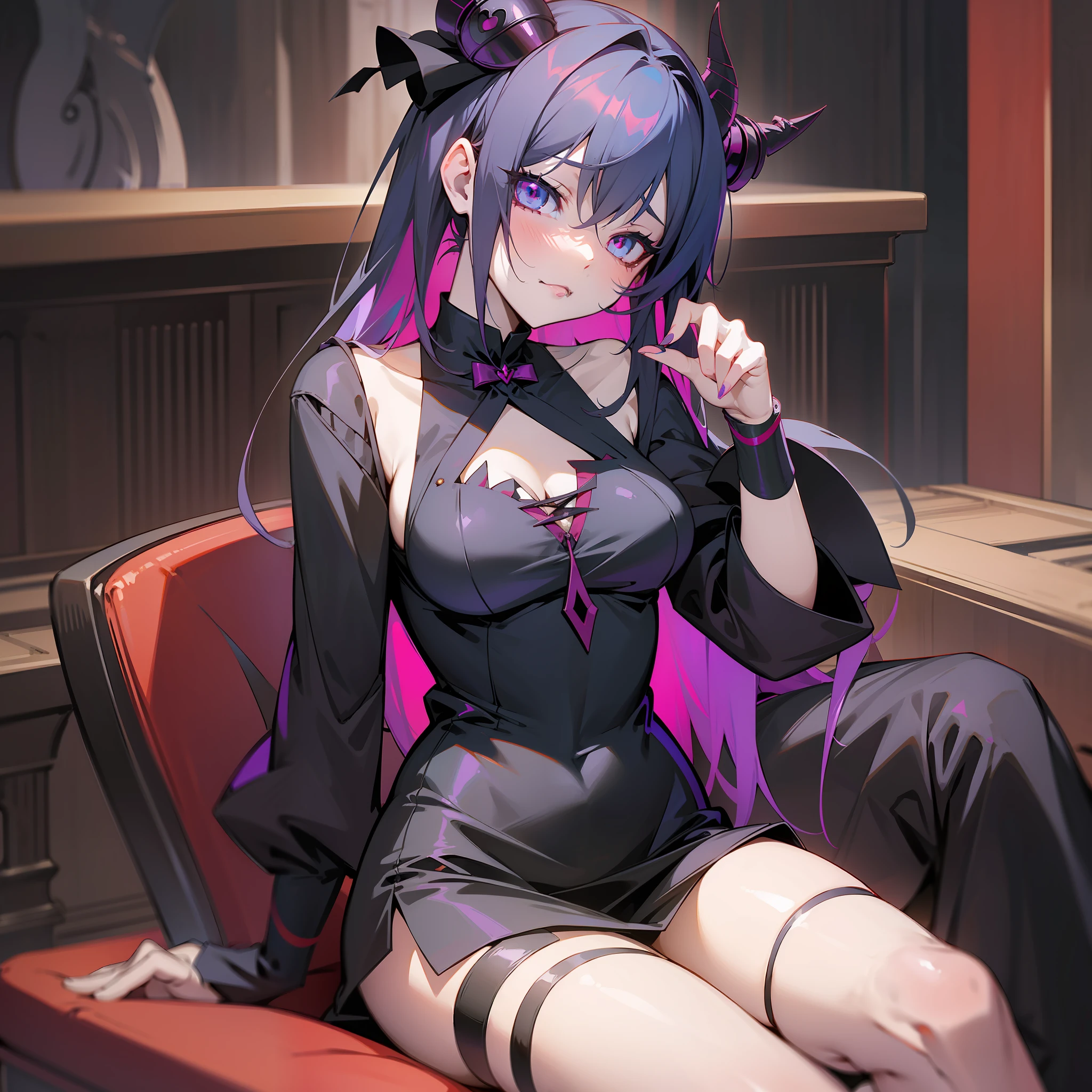 anime girl sitting on a red chair with a knife in her hand, gapmoe yandere grimdark, noire, seductive anime girl, zerochan art, gothic maiden anime girl, portrait gapmoe yandere grimdark, demon anime girl, ahegao, sinister pose, succubus in tight short dress, noire photo, by Kamagurka