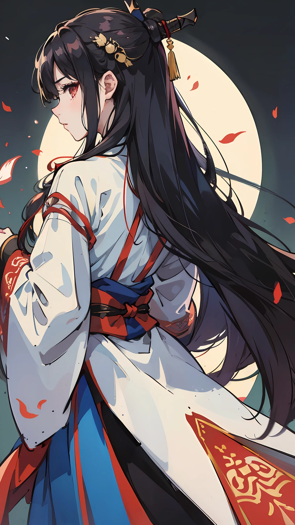 Hanfu, back, man, long hair, amorous, double knives on the waist, the background is full of broken swords --auto --s2