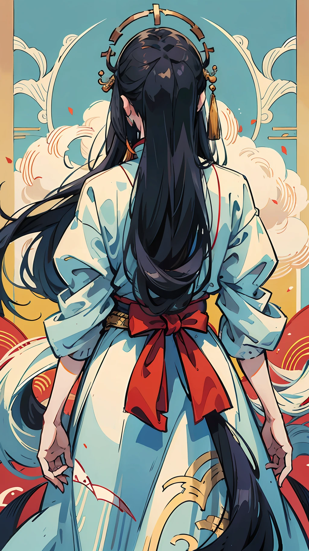 Hanfu, back, man, long hair, wind flow, double knives pinned to the waist, the background is full of broken swords --auto --s2