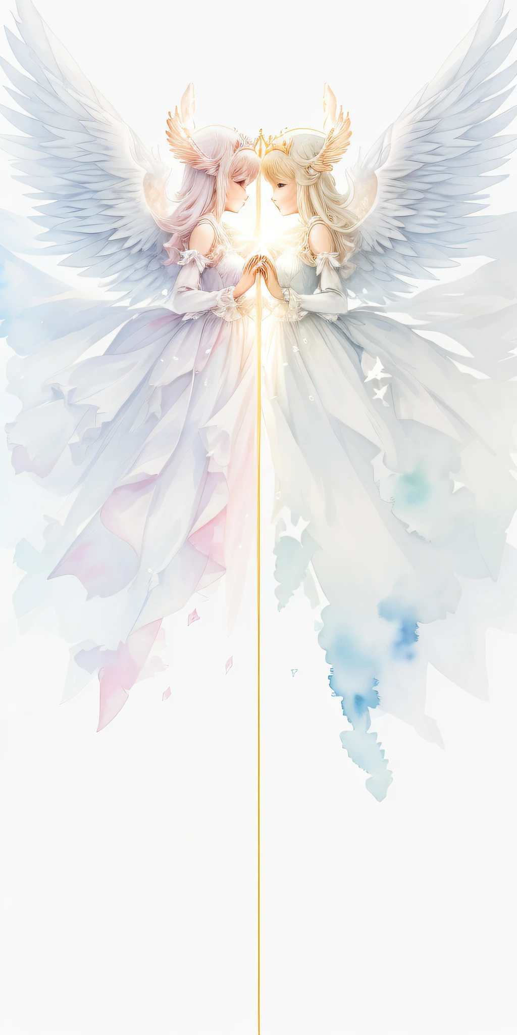 Perfect structure, (watercolor), digital illustration, left and right even angel wings, anime style, pure white (Princess of Light: 1.2), highly detailed volume lighting, cute pastel colors, dynamic composition, sharp and clear image, (delicate, sublime: 1.2), beautiful person beyond words, sparkling