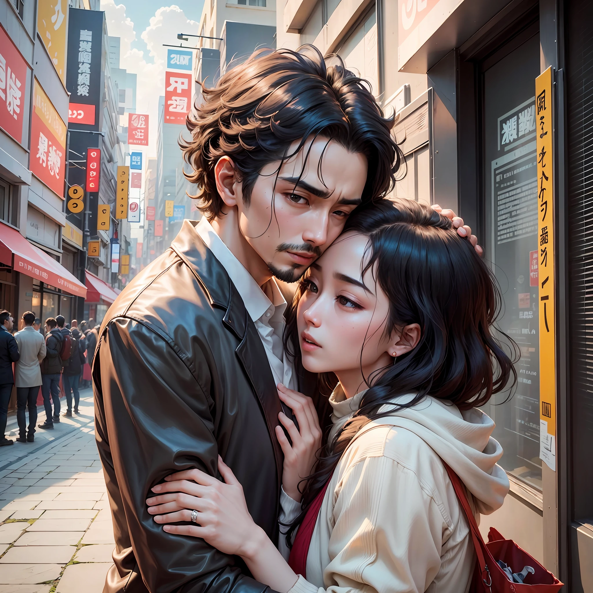 The image of Arafad embracing a couple in the movie, Yudai Chiba, Movie highlight scenes, Middle Metaverse, jia, Cai Xukun, Wang Chen, movie screenshots, trailer, movie promo, movie promotional image, movieposter, cinematic lighting, Verism, high detail, modern, En plein air --auto --s2