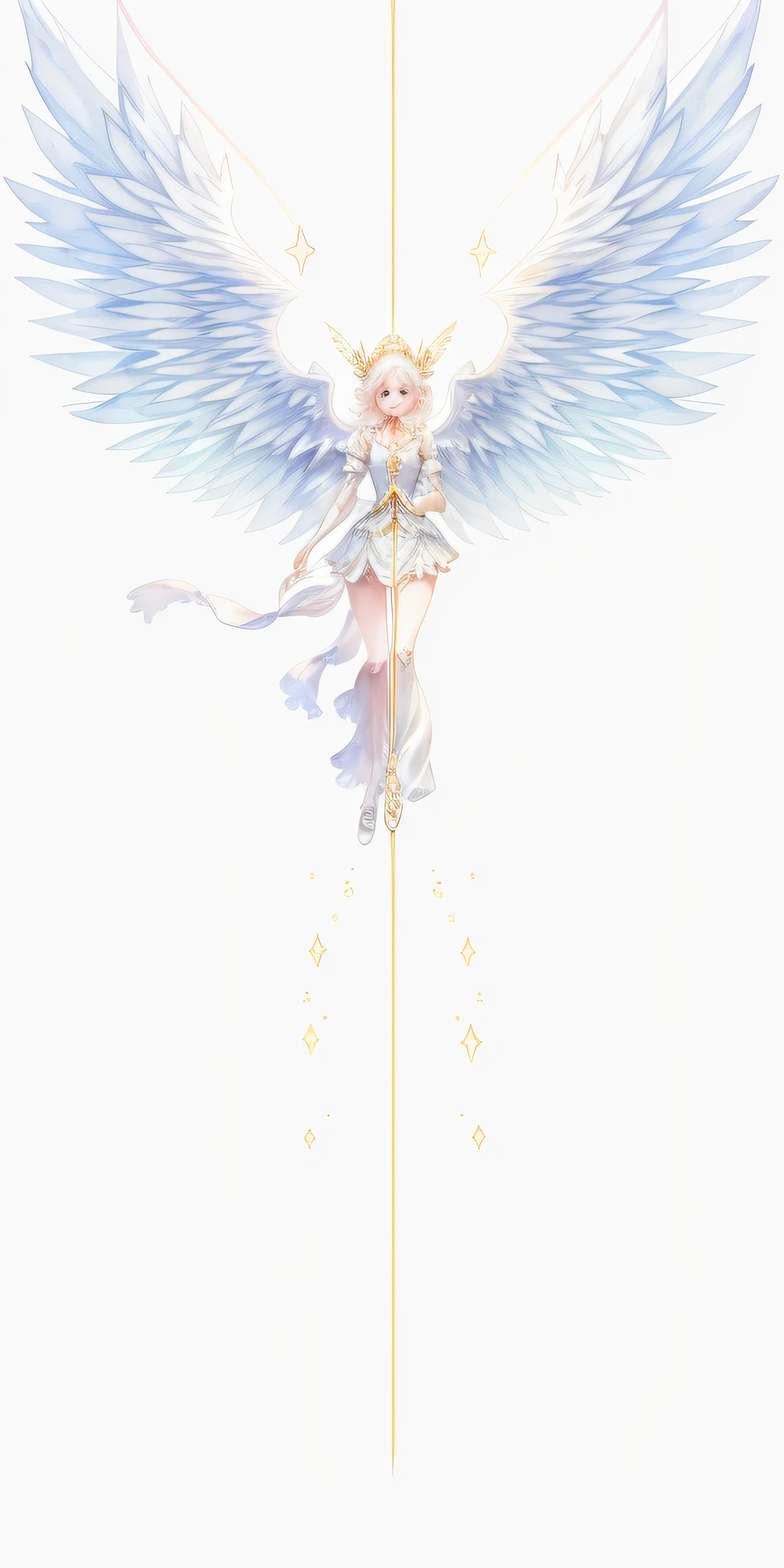 Perfect structure, (watercolor), digital illustration, left and right even angel wings, anime style, pure white (Princess of Light: 1.2), highly detailed volume lighting, cute pastel colors, dynamic composition, sharp and clear image, (delicate, sublime: 1.2), beautiful person beyond words, sparkling