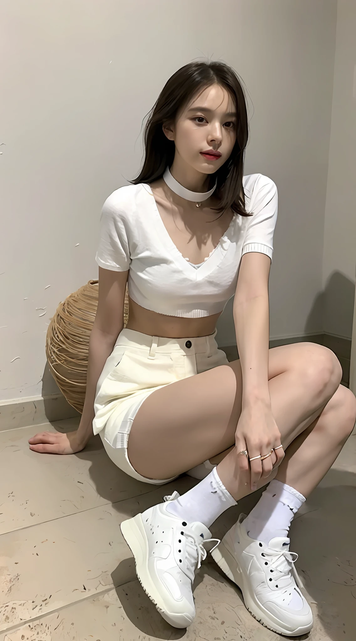 ((Best Quality, 8K, Masterpiece: 1.3)), (Metal Collar: 1.3), Focus: 1.2, Perfect Body Beauty: 1.4, Buttocks: 1.2, (Layered Haircut: 1.2)), (Toilet: 1.4), Highly detailed face and skin texture, Full body, delicate eyes, Double eyelids, whitened skin, long hair, (Goose egg face: 1.5), (White thin panties: 1.6) (White cotton socks), White bra, openwork panties, open legs, Nike sneakers, (metal leg ring), white cotton socks, slender abs,