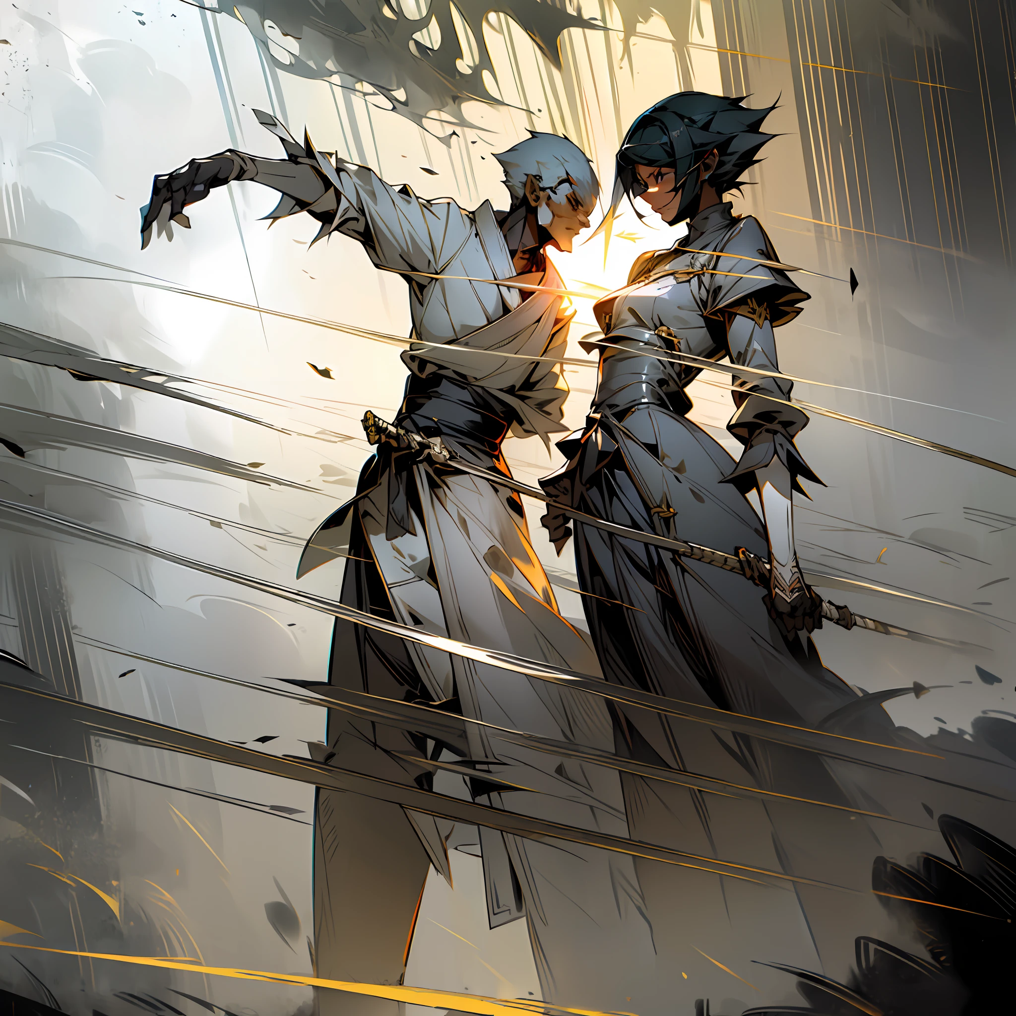 The dynamic, streamlined swordsman, dressed in a streamlined costume, wields a glittering sword with passion,[rich atmosphere: 1.2] (smoke, dust, mist, mist), the sunlight shines through the layers of smoke, forming an orange or red light shadow, and the morning sun blends perfectly with the fight scene.