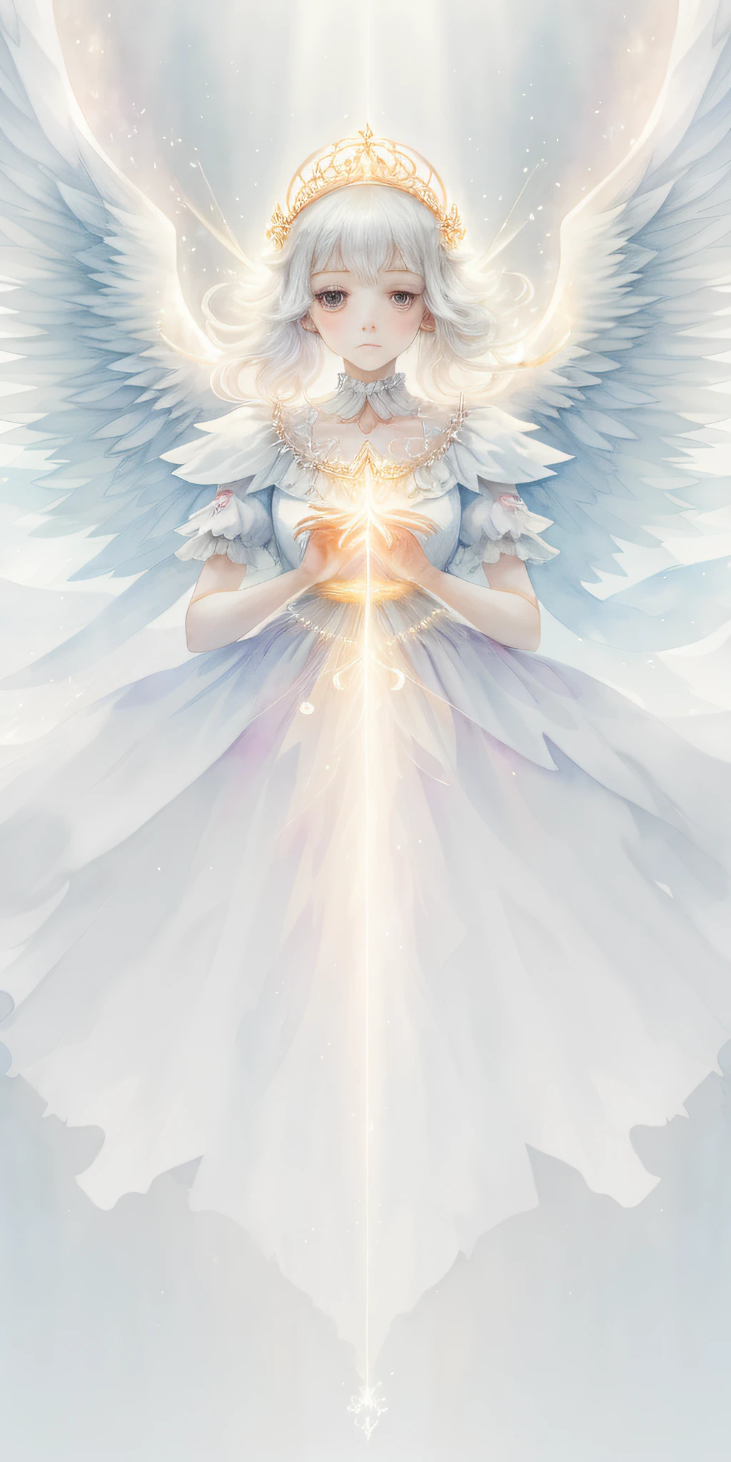 Perfect structure, (watercolor), digital illustration, left and right even angel wings, anime style, pure white (Princess of Light: 1.2), highly detailed volume lighting, cute pastel colors, dynamic composition, sharp and clear image, (delicate, sublime: 1.2), beautiful person beyond words, sparkling