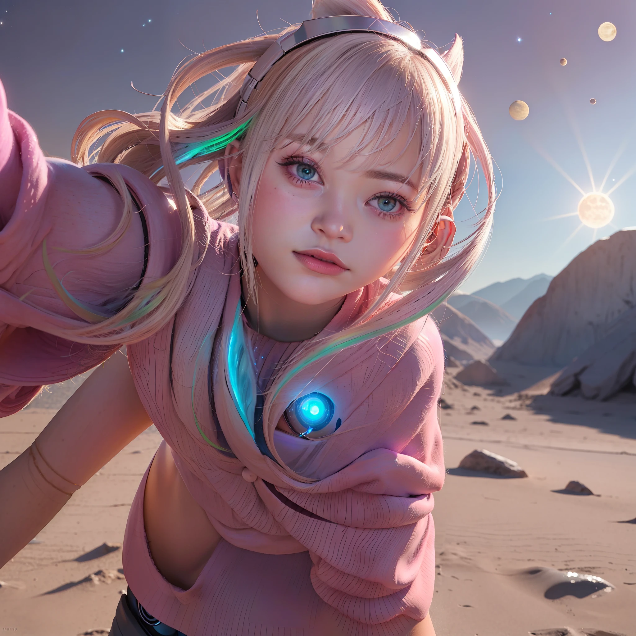 masterpiece,best quality,cinematic angle,lens flare,Cowboy Shot,darkshadow,Face details:1.2,Precise human body,a planet in the background:1.1,On a strange planet,in the desert,wind blowing,earth (planet),space station,moon,
((1girl)),colorful hair,pink hair,blue hair,(gradient hair:1.2),white space suit,Sapphire's Eye,Smile,
PerfectNwsjMajic,