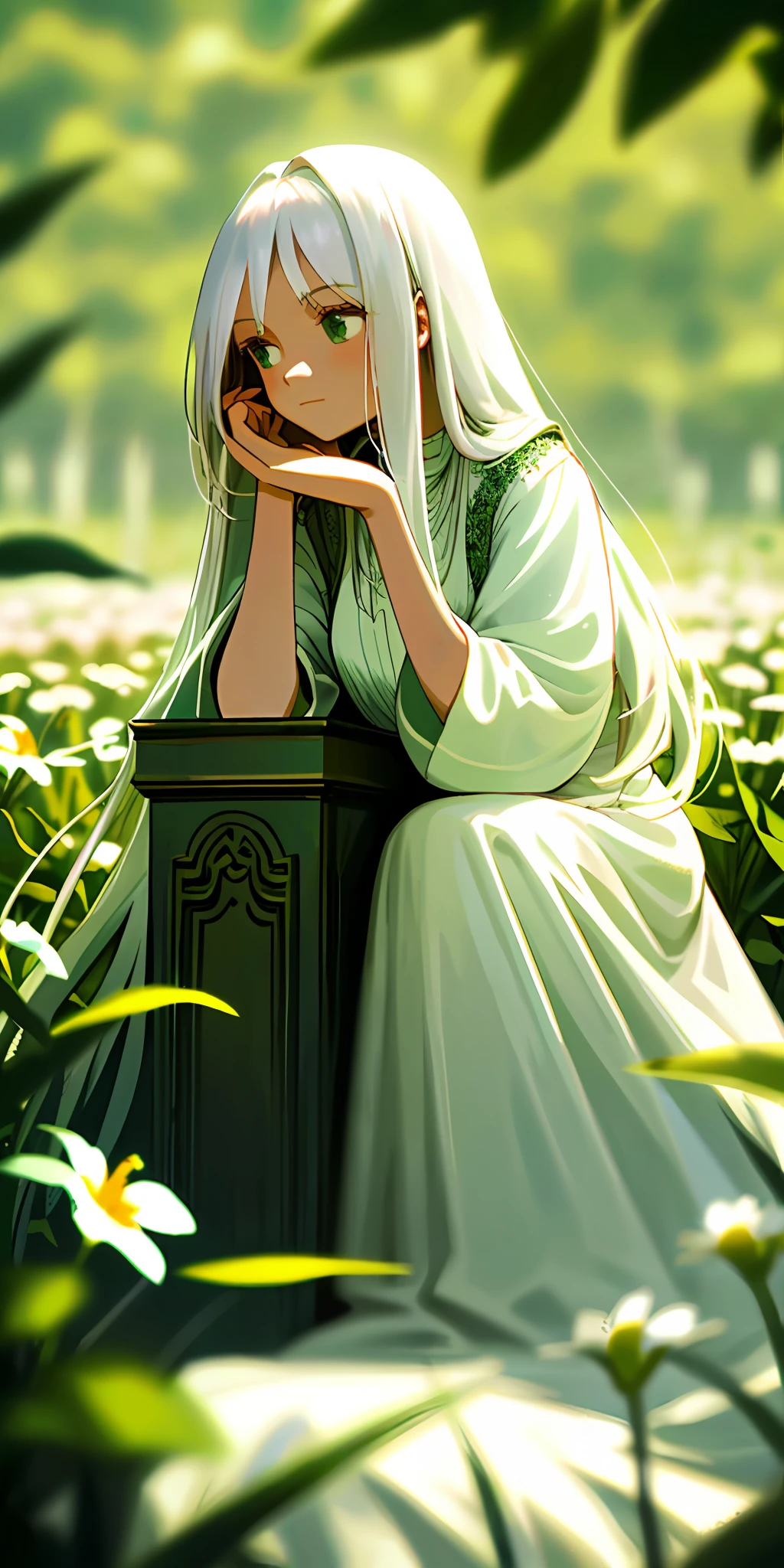 (masterpiece, best quality),1girl with long white hair sitting in a field of green plants and flowers, her hand under her chin, warm lighting, white dress, blurry foreground