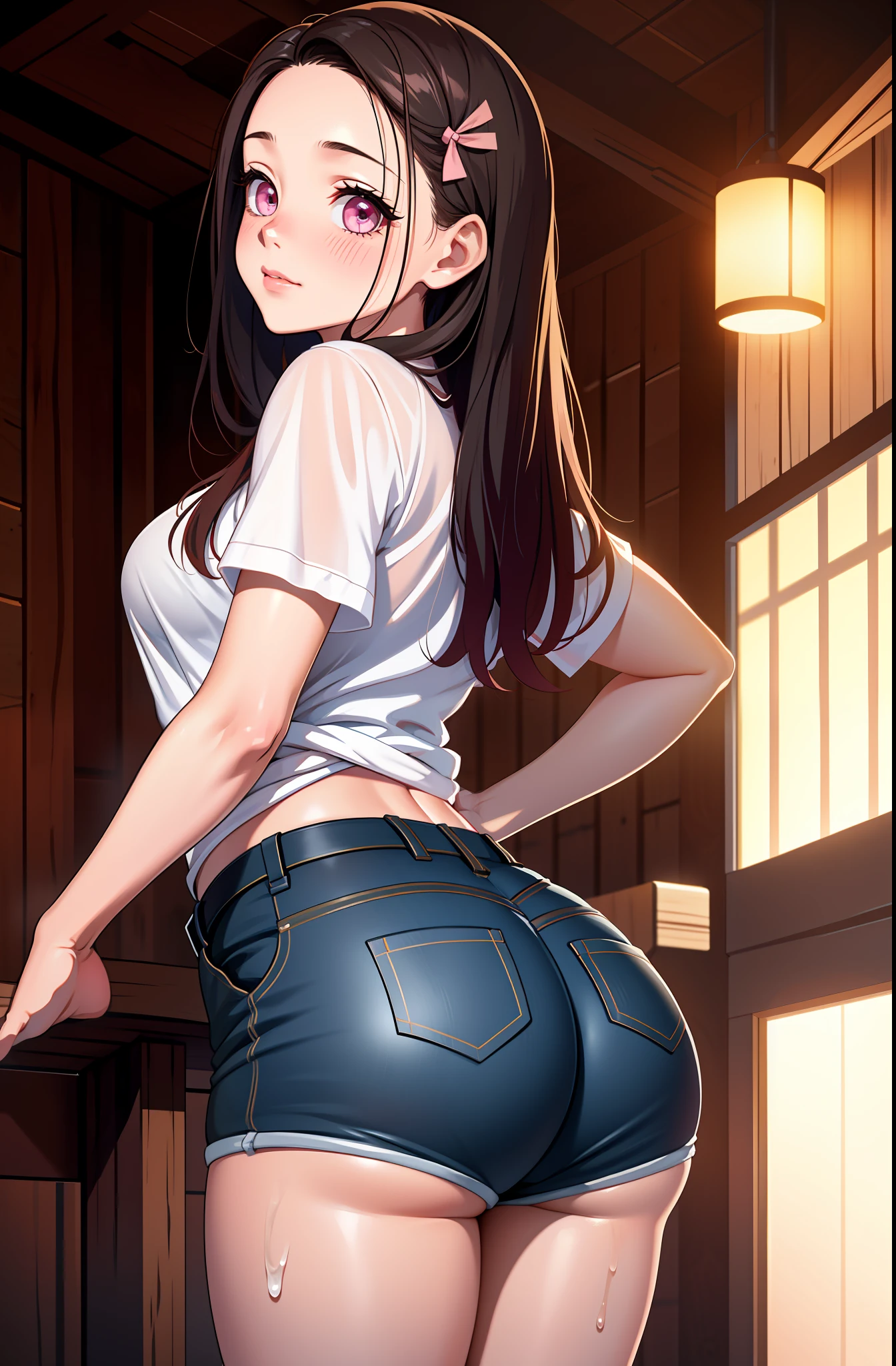 masterpiece, realistic eyes, best quality, bamboo, closed mouth, beautiful lighting, cinematic, 8k, solo, 1girl, facial, wet face, liner, wooden walls, medium tits, white shirt, short shorts, back, wide hips, ass, cum on ass, kamado nezuko, pink eyes,