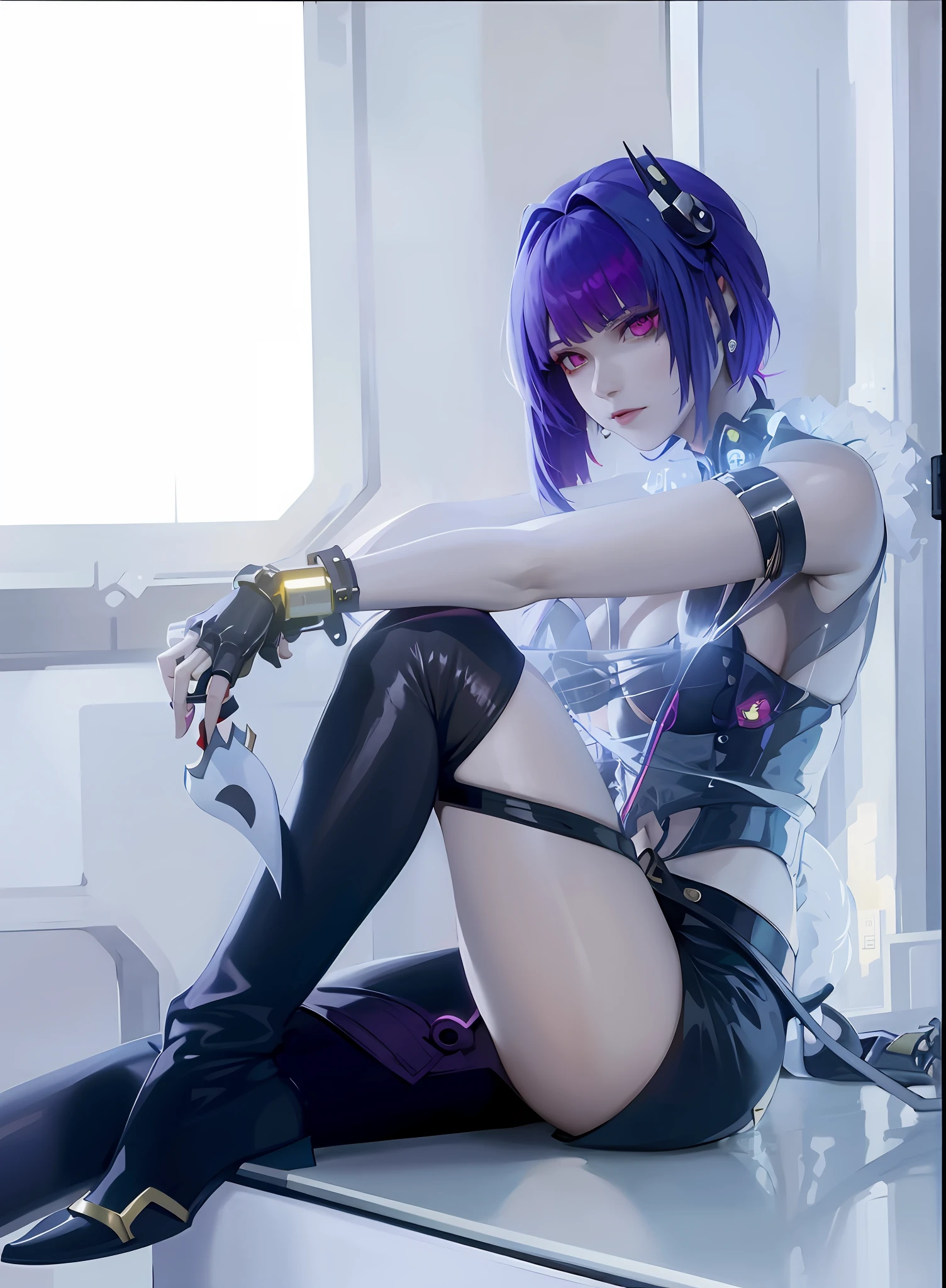 Cyberpunk style, Motoko Kusanagi style, female cyberpunk model holding a dagger, wearing a short skirt and boots, sitting on a table, inspired by authentic Shiro from the cyberpunk 20s, fantasy cyberpunk girl, modern cyberpunk anime, beautiful cyberpunk female model.