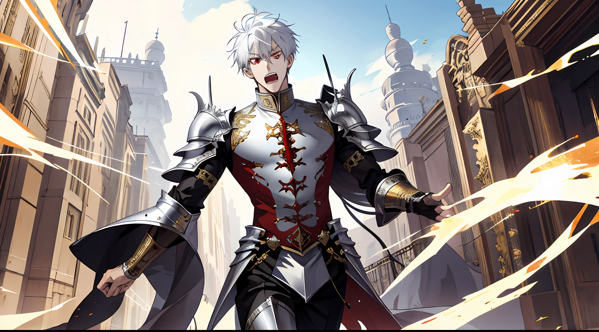 (absurd, high resolution, super detailed), (panorama), (1 male), tall, in silver armor, red eyes, evil charm, short white hair, golden palace, (surprised), open mouth, run, fear,
