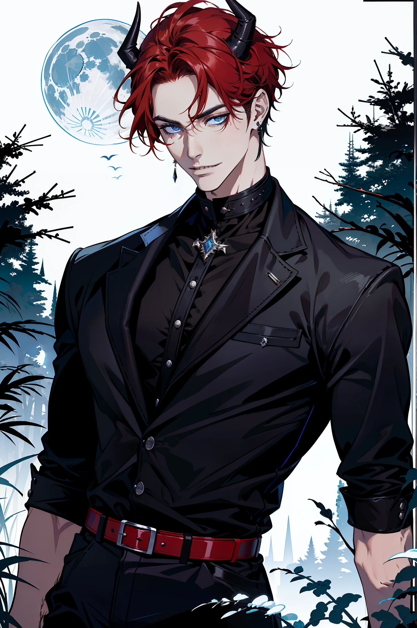 (absurdres, highres, ultra detailed), 1 male, adult, handsome, tall guy, broad shoulders, finely detailed eyes and detailed face, black leather clothes, night, smile, dutch angle, short red hair, moon, forest, black horns in his head, silver details, earrings, black chocker, gothic, dark, vampire, black pants, horns, ((black belt)), ((no jacket)), pale skin, (((blue eyes))), ((red belt))