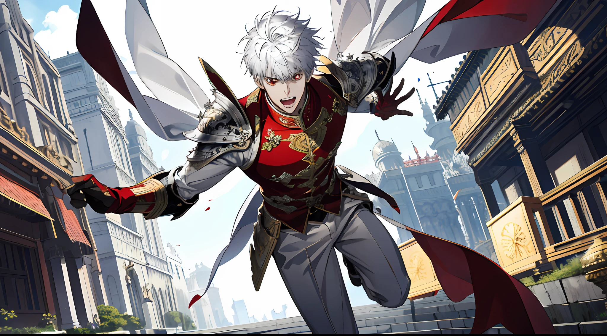 (absurd, high resolution, super detailed), (panorama), (1 male), tall, in silver armor, red eyes, evil charm, short white hair, golden palace, (surprised), open mouth, run, fear,