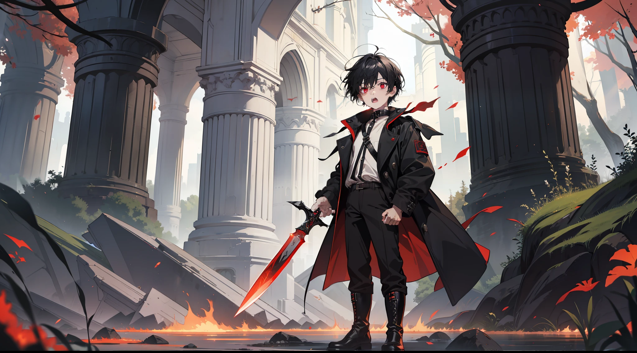 (absurd, high resolution), (panorama), , red eyes, short hair, black hair, white underwear, black trench coat, black trousers, black boots, holding a short knife, extreme details, battle, a mutated dryad with a red light and an open mouth, magic wind,